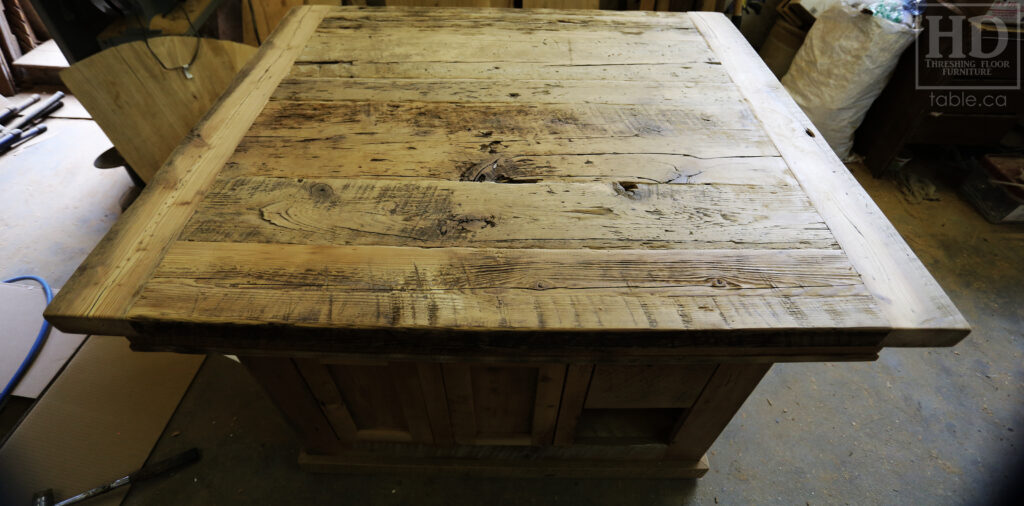 48” Reclaimed Ontario Barnwood Island we made for a Burlington, Ontario home – 39” wide – 2 Doors / 1 Drawer – Skirting - Old Growth Hemlock Threshing Floor & Grainery Board Construction - Original edges & distressing maintained – Bread Edge Ends – Unfinished - Lee Valley Hardware - www.table.ca