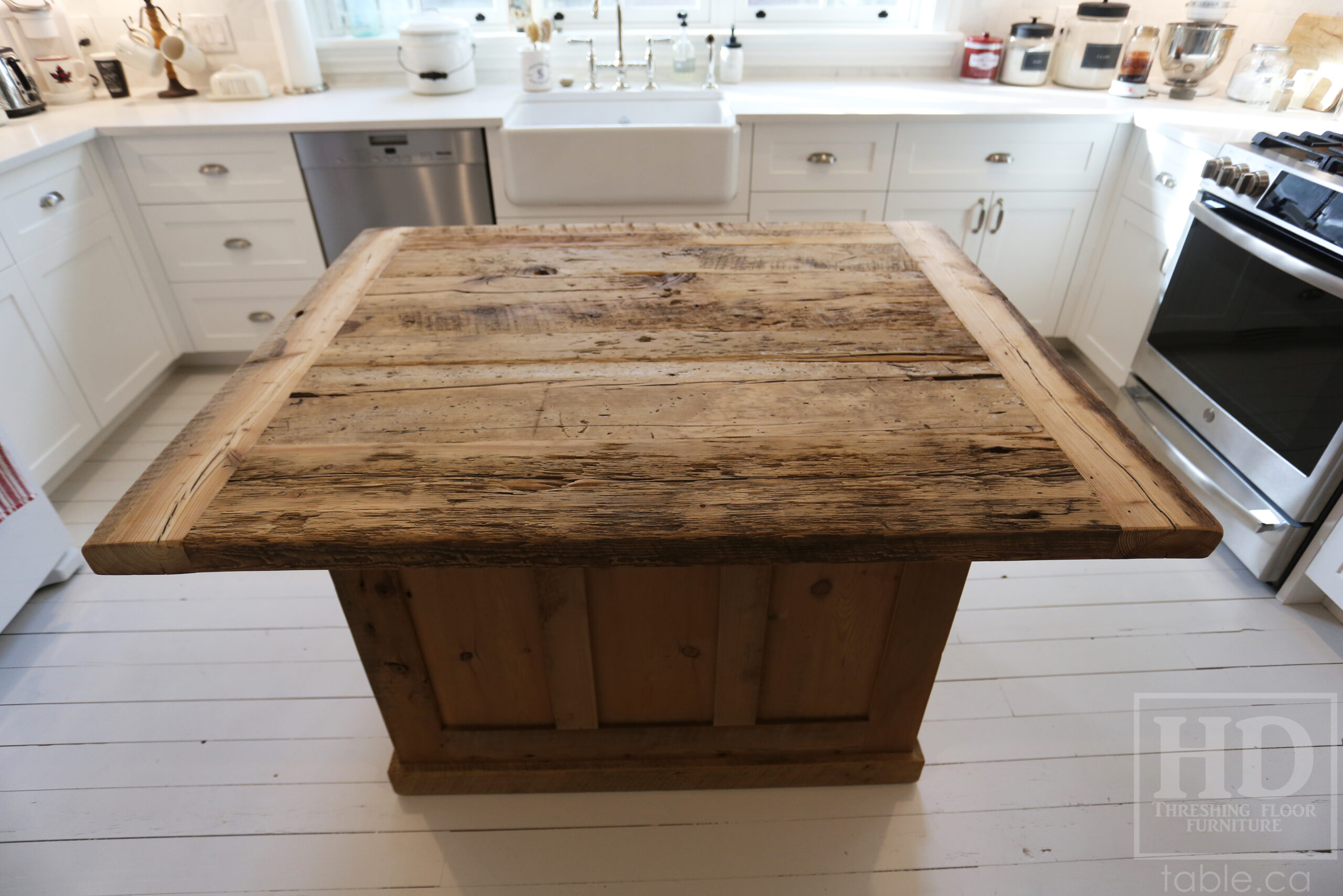 48” Reclaimed Ontario Barnwood Island we made for a Burlington, Ontario home – 39” wide – 2 Doors / 1 Drawer – Skirting - Old Growth Hemlock Threshing Floor & Grainery Board Construction - Original edges & distressing maintained – Bread Edge Ends – Unfinished - Lee Valley Hardware - www.table.ca
