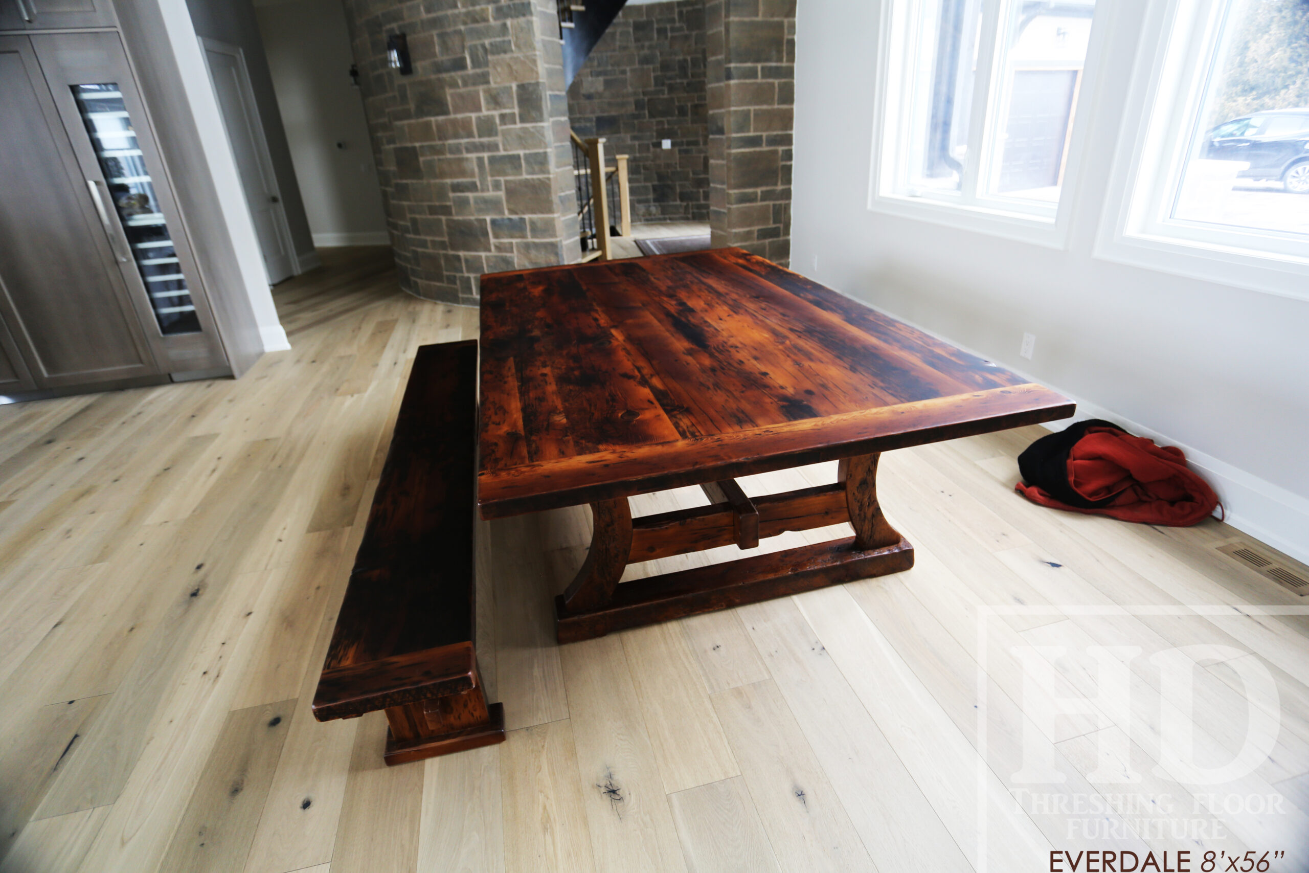 8’ Reclaimed Ontario Barnwood Table we made for a Hillsburgh, Ontario home – 56” wide – C Frame Base - Old Growth Hemlock Threshing Floor Construction - Original edges & distressing maintained – Bread Edge Ends - Premium epoxy + matte polyurethane finish – 8’ Reclaimed Wood Trestle Bench [matching] - www.table.ca