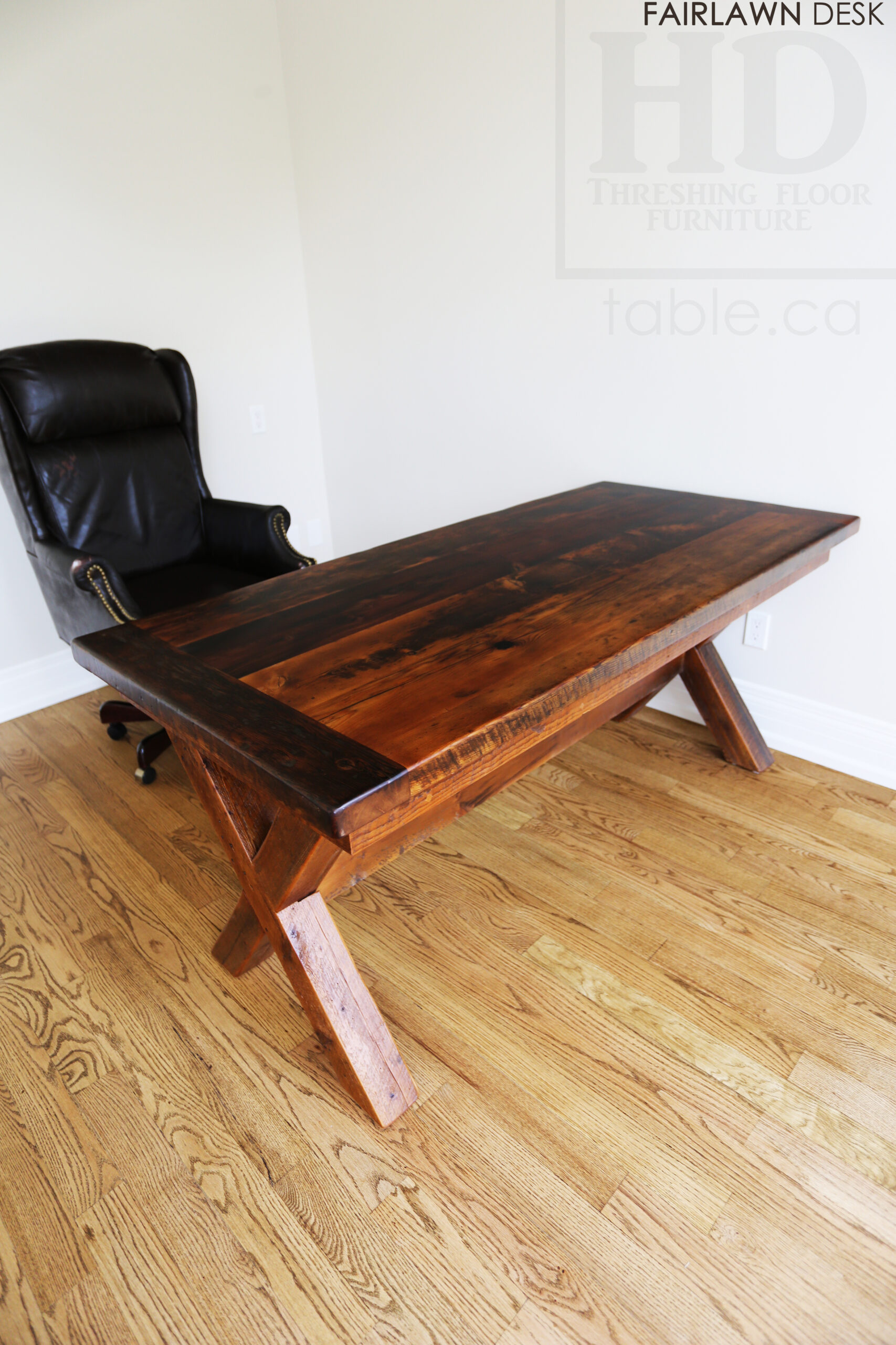 5’ 8” Reclaimed Ontario Barnwood Desk we made for a Toronto, Ontario home – 32” wide –4”x4” Windbrace Beam X Base – 3” skirting – 2 Drawers / Lee Valley Hardware Cast Brass Handles - Old Growth Hemlock Threshing Floor & Grainery Board Construction - Original edges & distressing maintained – Bread Edge Board Ends – Premium epoxy + matte polyurethane finish – Mission Cast Brass Lee Valley Hardware - www.table.ca