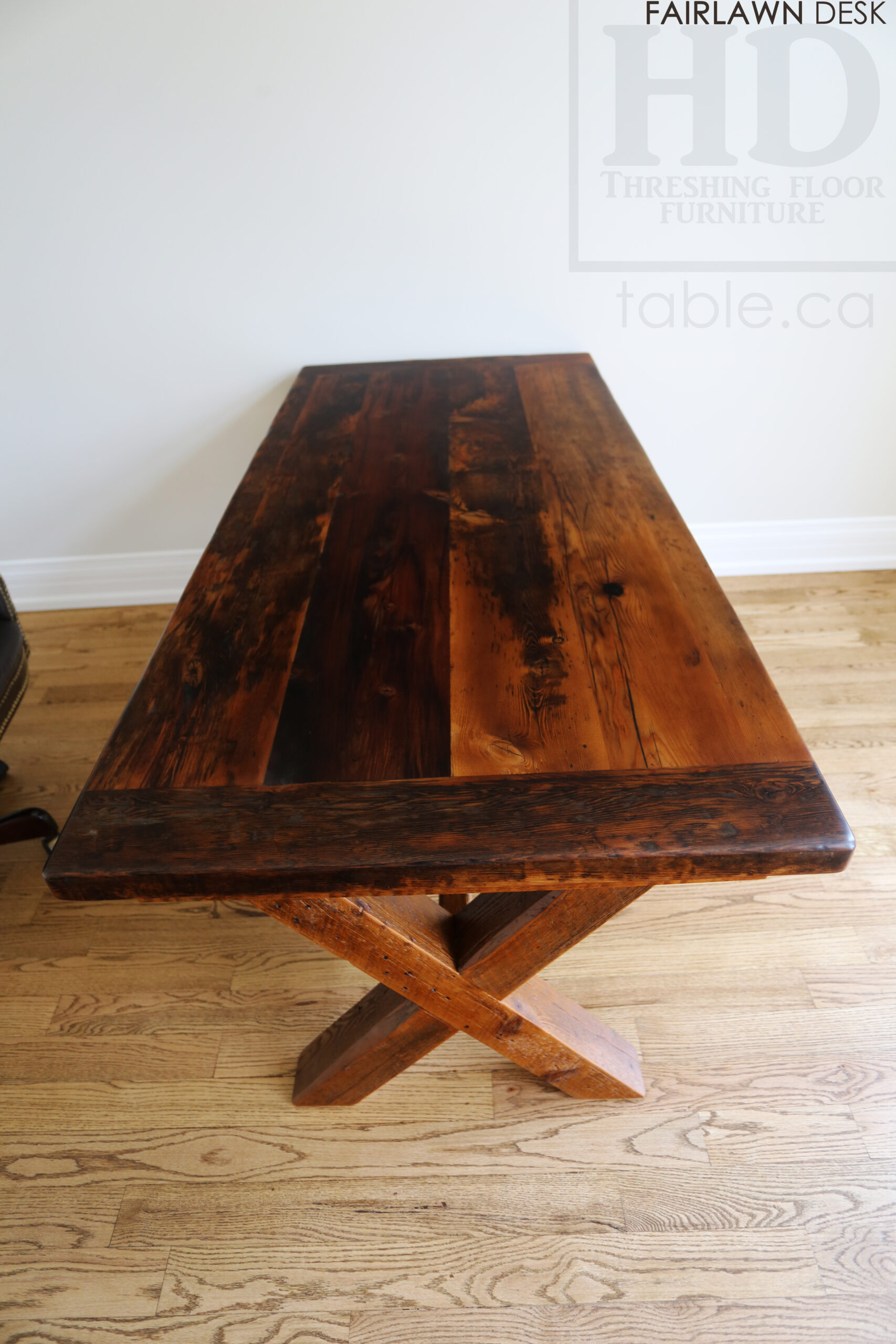 5’ 8” Reclaimed Ontario Barnwood Desk we made for a Toronto, Ontario home – 32” wide –4”x4” Windbrace Beam X Base – 3” skirting – 2 Drawers / Lee Valley Hardware Cast Brass Handles - Old Growth Hemlock Threshing Floor & Grainery Board Construction - Original edges & distressing maintained – Bread Edge Board Ends – Premium epoxy + matte polyurethane finish – Mission Cast Brass Lee Valley Hardware - www.table.ca