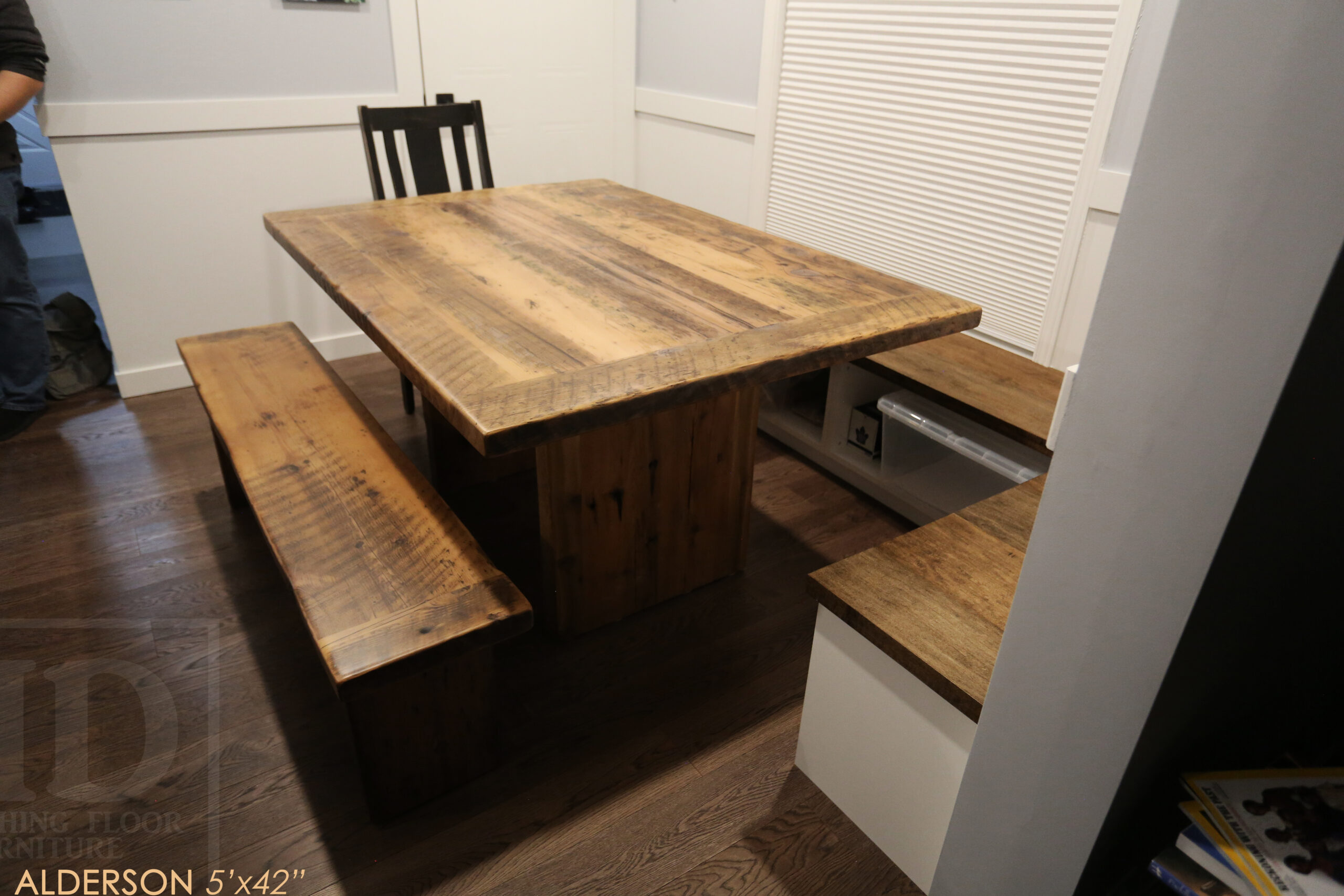 5’ Reclaimed Ontario Barnwood Table we made for a Cambridge, Ontario home – 42” wide – Modern Plank Base - Old Growth Hemlock Threshing Floor Construction - Original edges & distressing maintained – Bread Edge Board Ends – Premium epoxy + matte polyurethane finish – Greytone Option - 5’ [matching] Bench – Modified Plank Back Chairs / Wormy Maple - www.table.ca