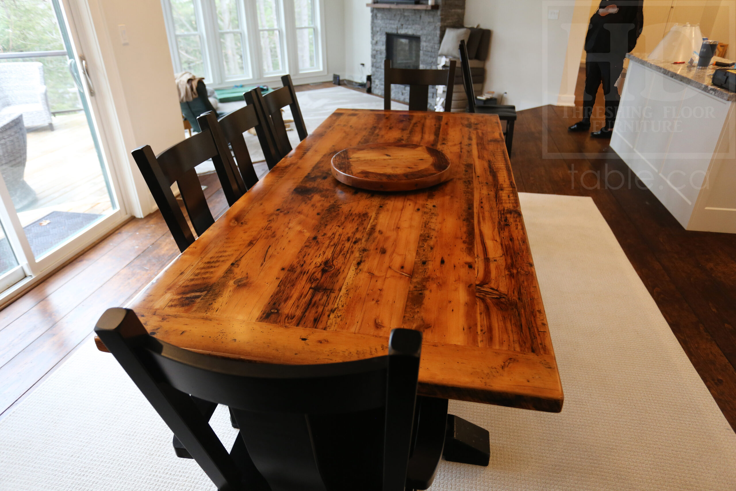 8’ Reclaimed Ontario Barnwood Table we made for a Parry Sound, Ontario home – 42” wide – Sawbuck Base - Old Growth Hemlock Threshing Floor Construction - Original edges & distressing maintained – Bread Edge Board Ends – Premium epoxy + satin polyurethane finish – Solid Black Painted Base – 8 Plank Back Chairs / Wormy Maple / Painted Solid Black / Polyurethane clearcoat finish – 20” Round Lazy Susan - www.table.ca
