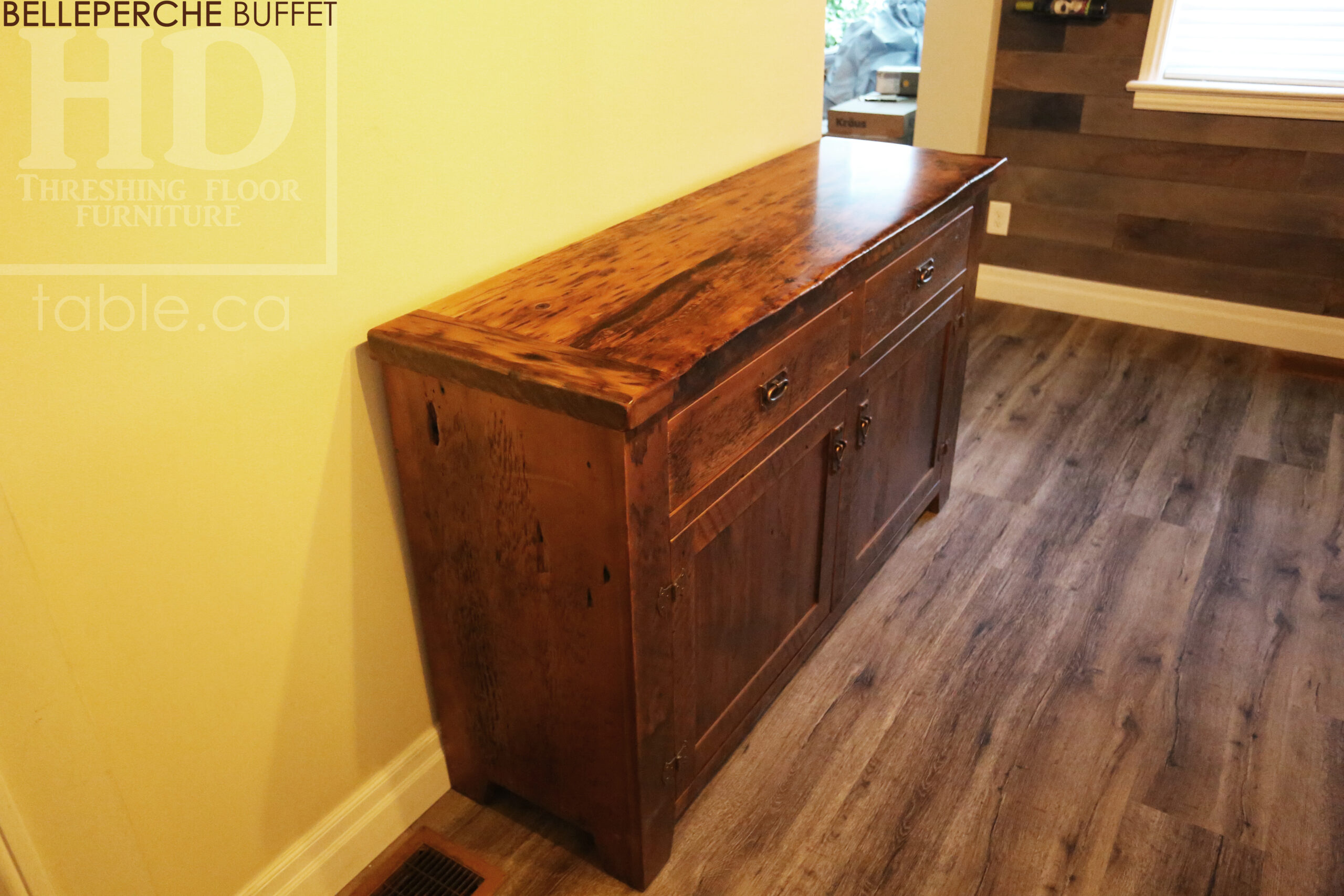 Project Summary: 60” Reclaimed Ontario Barnwood Buffet we made for a Windsor, Ontario Home – 18” deep – 36” [Counter] Height – 2 Top Drawers / 2 Bottom Doors with Internal Adjustable Shelving - Old Growth Hemlock Threshing Floor Construction – Cast Brass Lee Valley Hardware - Original edges & distressing maintained – Bread Edge Boards - Premium epoxy + satin polyurethane finish - www.table.ca