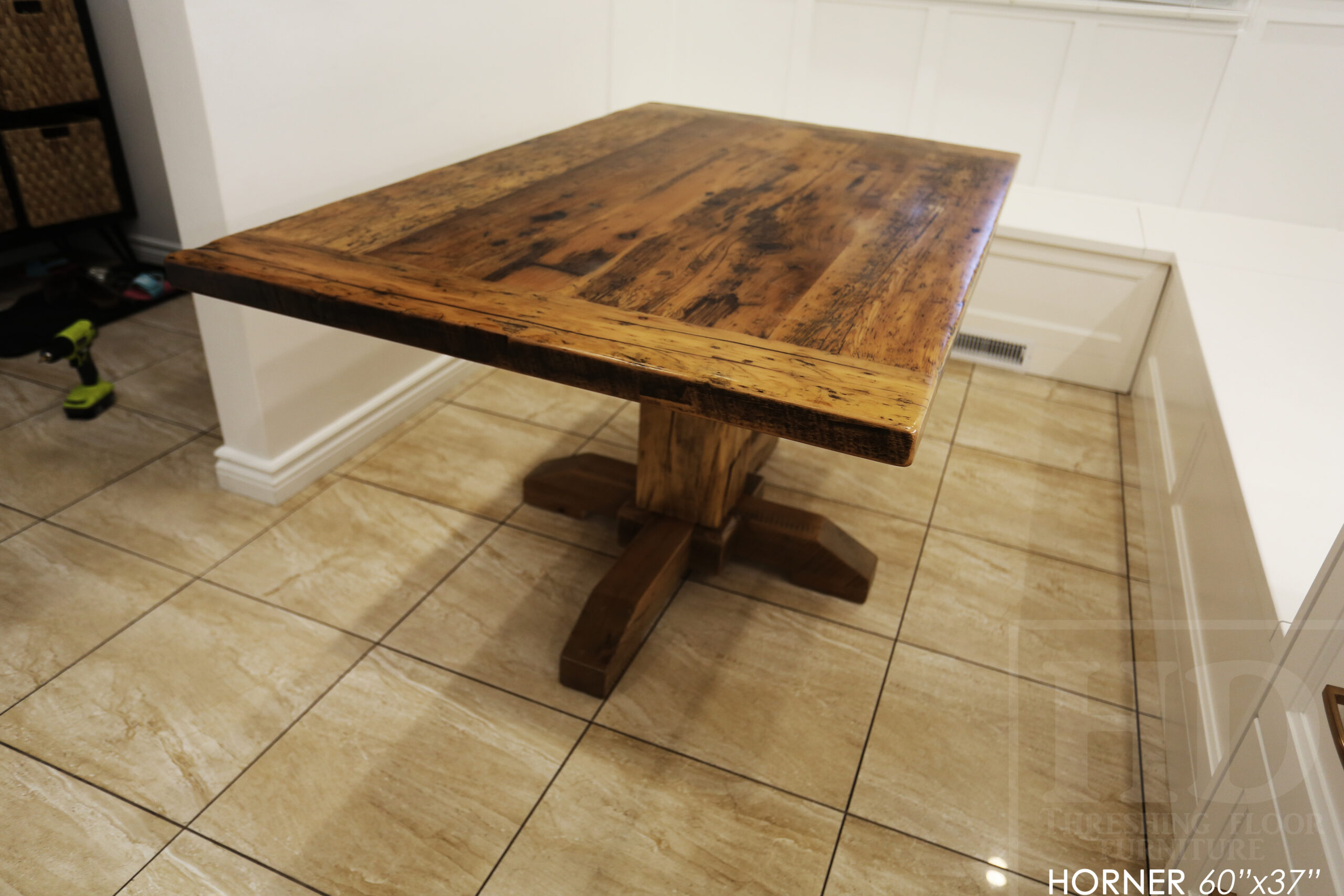 Project Summary: 60â€ Reclaimed Ontario Barnwood Coffee Table â€“ 37â€ wide â€“ 30â€ height â€“ Hand-Hewn Beam Pedestal Base -  Old Growth Hemlock Threshing Floor Construction - Original edges & distressing maintained â€“ Bread Edge Boards â€“ Greytone Option - Premium epoxy + satin polyurethane finish - www.table.ca