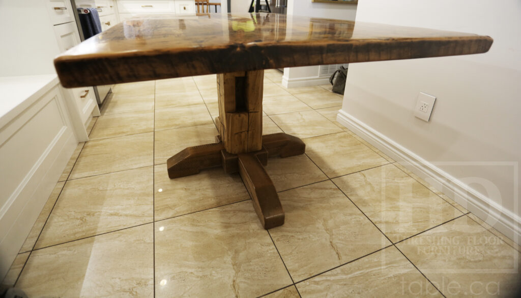 Project Summary: 60â€ Reclaimed Ontario Barnwood Coffee Table â€“ 37â€ wide â€“ 30â€ height â€“ Hand-Hewn Beam Pedestal Base -  Old Growth Hemlock Threshing Floor Construction - Original edges & distressing maintained â€“ Bread Edge Boards â€“ Greytone Option - Premium epoxy + satin polyurethane finish - www.table.ca