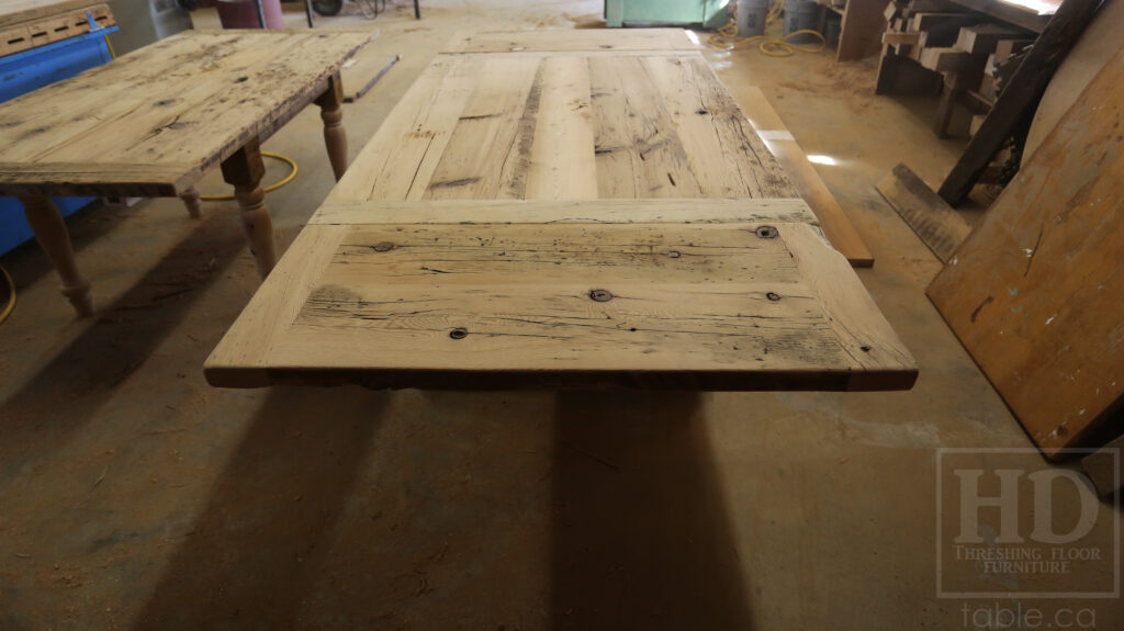 Project Summary: 5â€™ Reclaimed Barnwood Table we made for a Caledonia, Ontario home â€“ 42â€ wide - Sawbuck Base [Painted Black] - Old Growth Hemlock Threshing Floor 2â€ Construction - Original edges & distressing maintained â€“ Bread Edge Boards â€“ Greytone Option - Premium epoxy + satin polyurethane finish â€“ Two 12â€ Leaves â€“ Wormy Maple Plank Back Chairs / Painted Black with Sandthroughs - www.table.ca