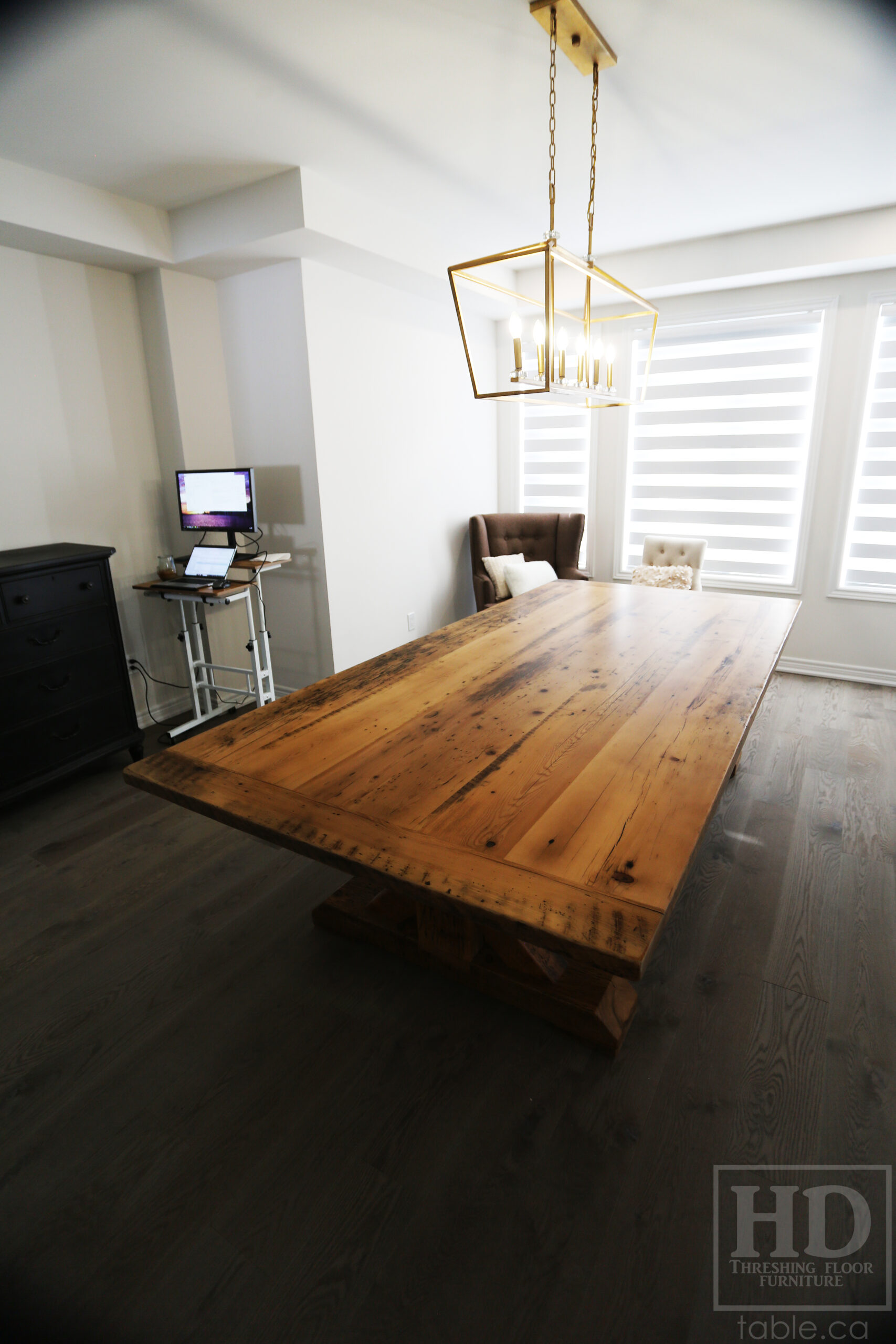 Project Summary: 9.5â€™ Reclaimed Ontario Barnwood Table we made for a Rockwood, Ontario home â€“ 4.5â€™ wide â€“ Sawbuck Base [Beam Type Option] - Old Growth Hemlock Threshing Floor Construction - Original edges & distressing maintained â€“ Bread Edge Boards â€“ Premium epoxy + matte polyurethane finish -  www.table.ca