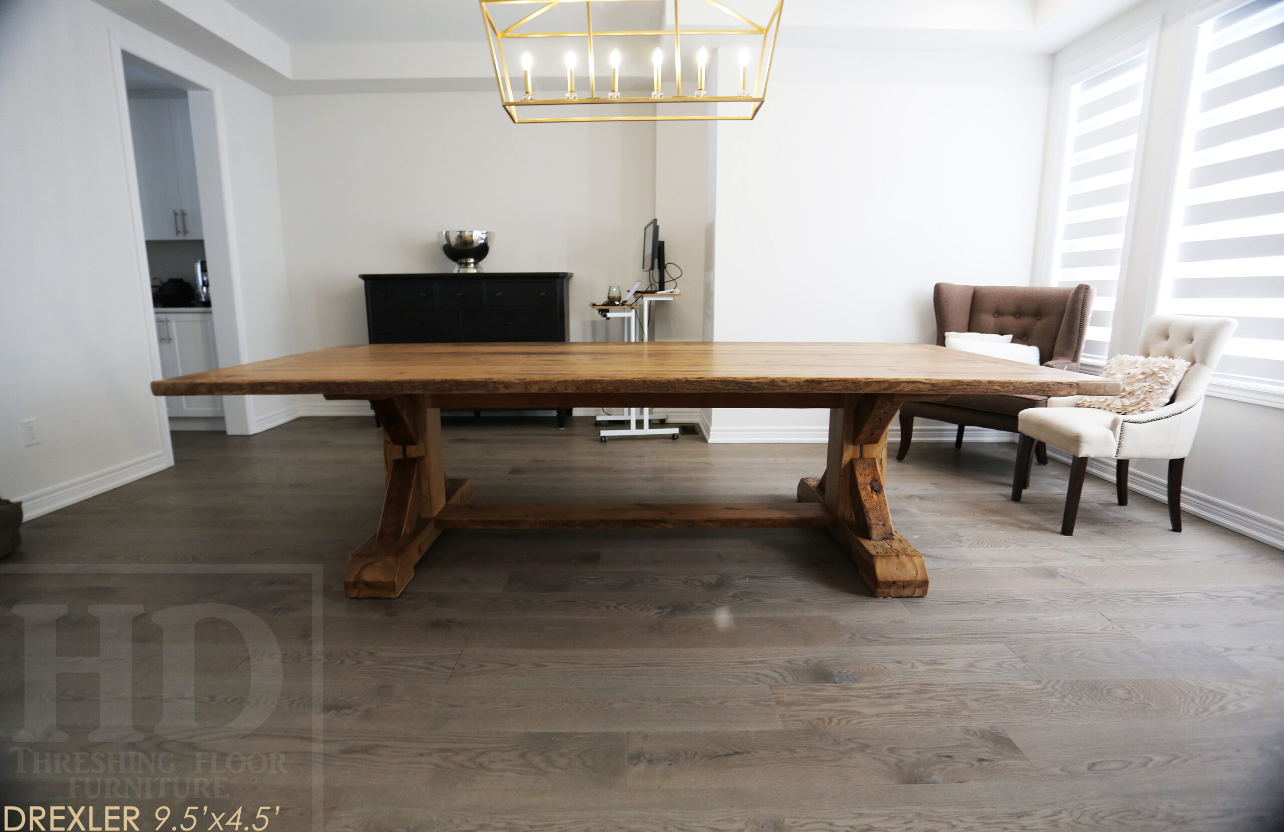 Project Summary: 9.5â€™ Reclaimed Ontario Barnwood Table we made for a Rockwood, Ontario home â€“ 4.5â€™ wide â€“ Sawbuck Base [Beam Type Option] - Old Growth Hemlock Threshing Floor Construction - Original edges & distressing maintained â€“ Bread Edge Boards â€“ Premium epoxy + matte polyurethane finish -  www.table.ca
