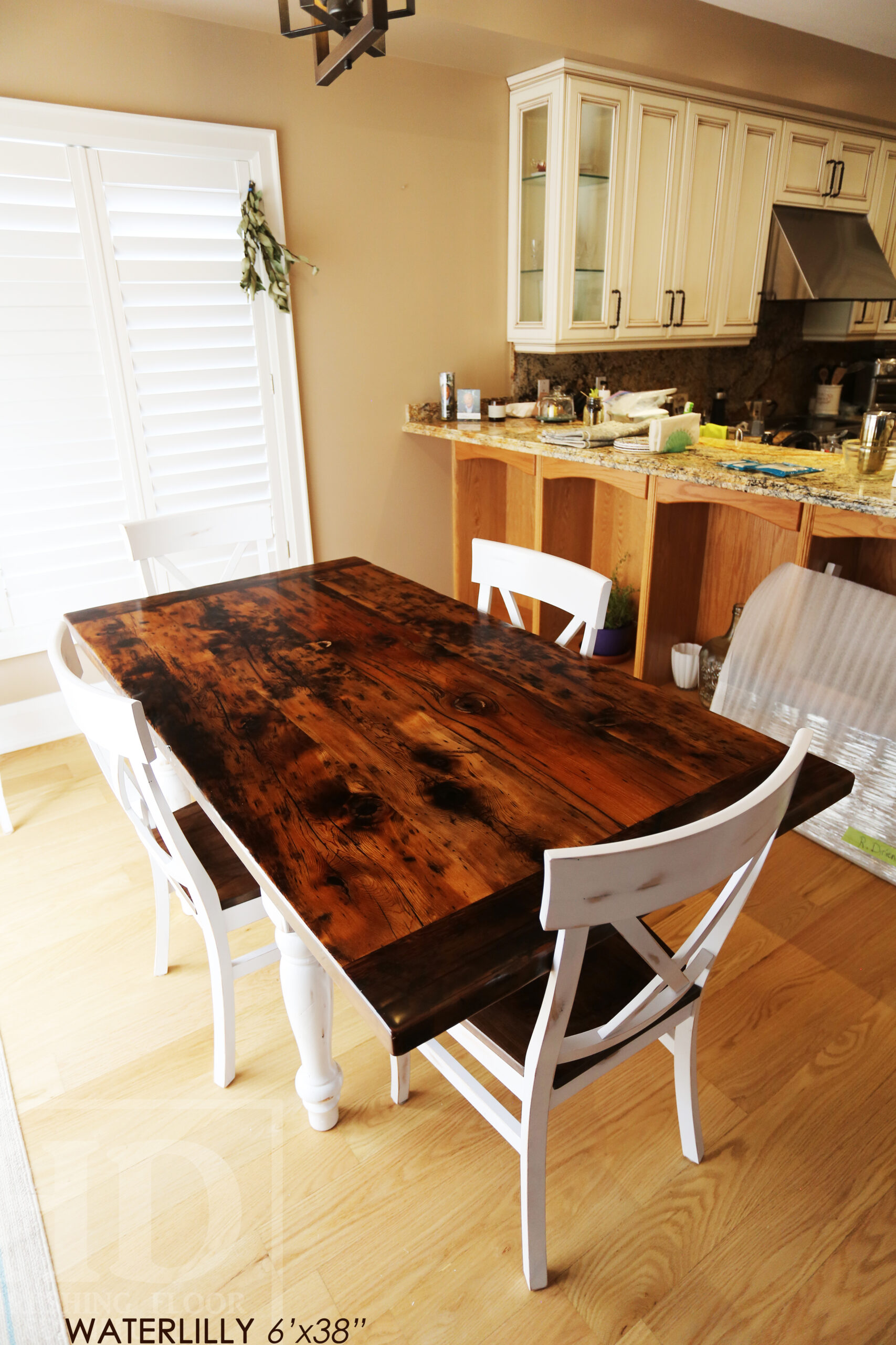 Project Summary: 6’ Reclaimed Ontario Barnwood Table we made for a Schomberg, Ontario home – 38” wide – Harvest Base: Turned Windbrace Beam Legs [18” inset from ends] / White with Sandthroughs Skirting & Legs - Old Growth Hemlock Threshing Floor Construction - Original edges & distressing maintained – Bread Edge Boards – Premium epoxy + satin polyurethane finish – One 18” Leaf Extension – [6] X Back Chairs / Wormy Maple / White with Sandthroughs Frame + Seat Stained Colour of Table Top – Polyurethane clearcoat finish - www.table.ca