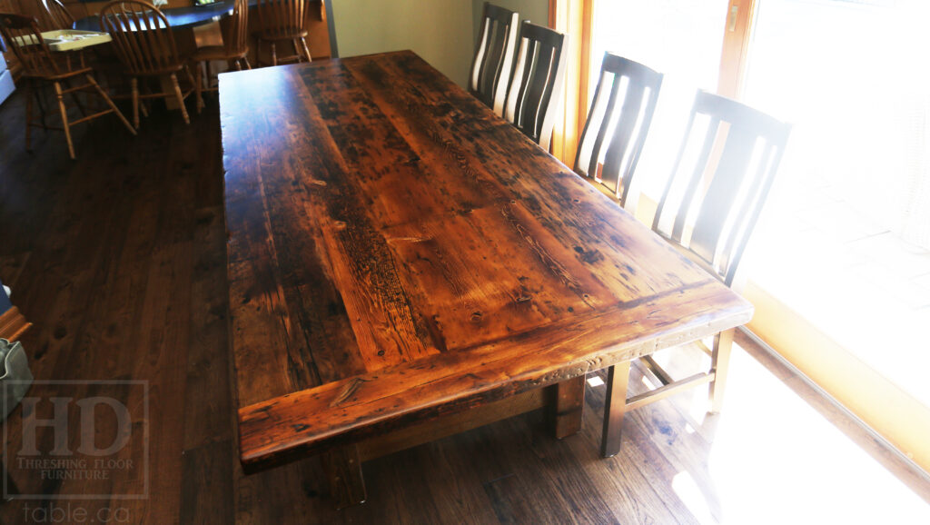 Project Summary: 9’ Reclaimed Ontario Barnwood Frame Table we made for a St. Catherines, Ontario Home – 42” wide - Old Growth Hemlock Threshing Floor Construction - Original edges & distressing maintained – Bread Edge Boards - Premium epoxy + matte polyurethane finish – 10 Sorority Chairs / Wormy Maple / Stained Dominant Tone of Table / Polyurethane Clearcoat Finish - www.table.ca