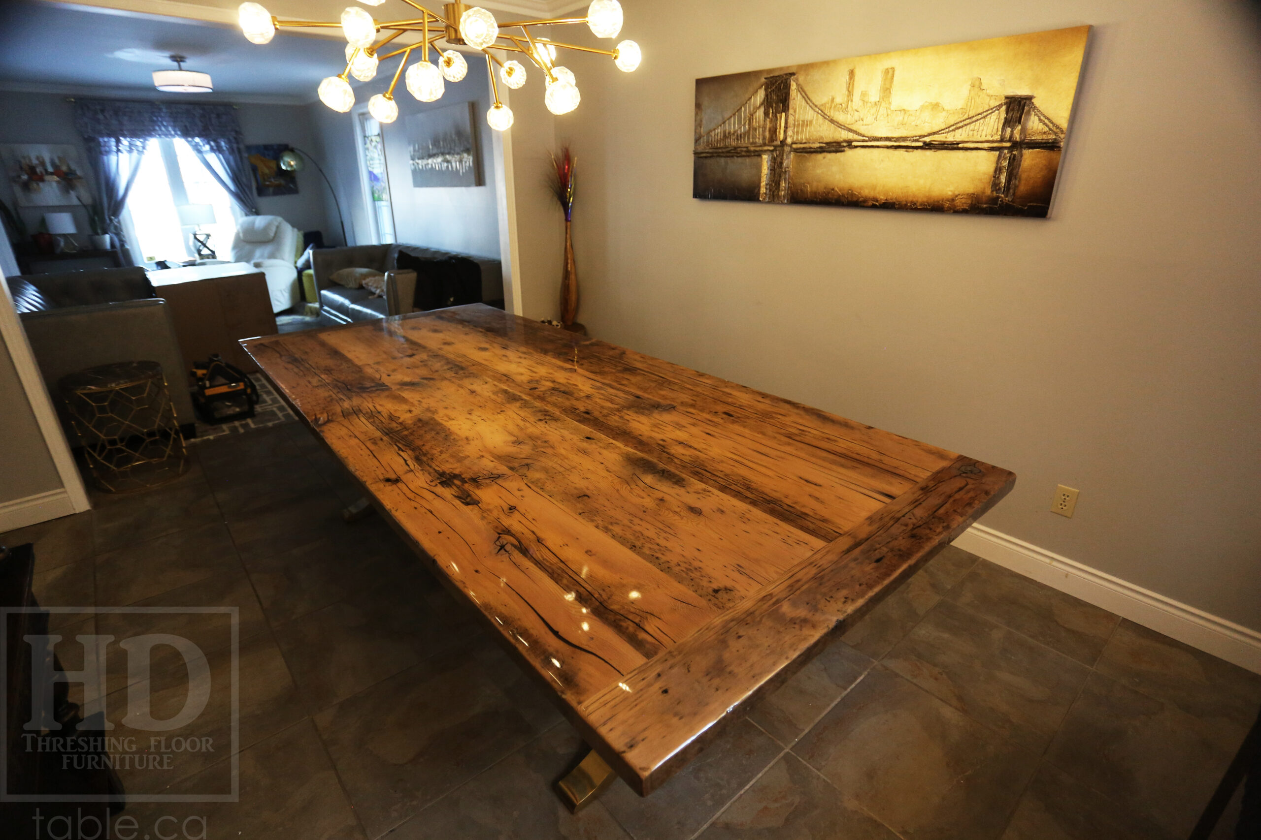 Project Summary: 9’ Reclaimed Ontario Barnwood Table Top we made for a Kitchener, Ontario home – 48” wide - Old Growth Hemlock Threshing Floor Construction - Original edges & distressing maintained – Bread Edge Boards – Greytone Option - Premium epoxy + high gloss option polyurethane finish - www.table.ca