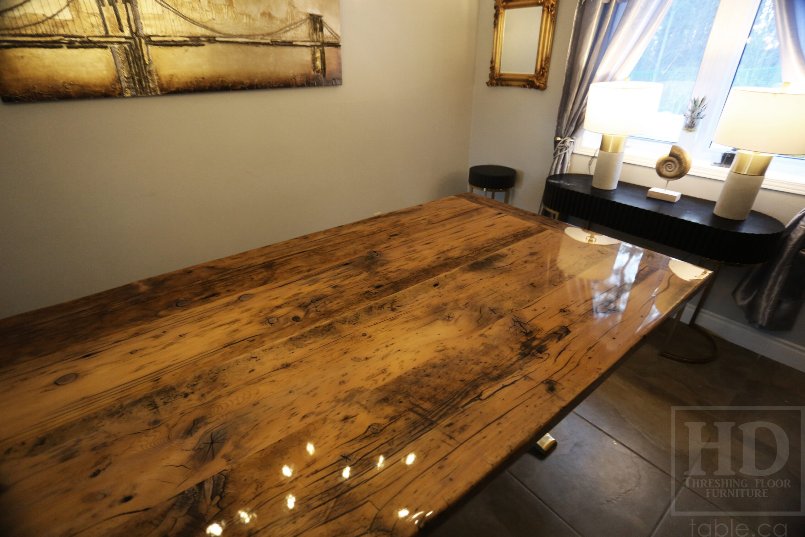 Project Summary: 9’ Reclaimed Ontario Barnwood Table Top we made for a Kitchener, Ontario home – 48” wide - Old Growth Hemlock Threshing Floor Construction - Original edges & distressing maintained – Bread Edge Boards – Greytone Option - Premium epoxy + high gloss option polyurethane finish - www.table.ca