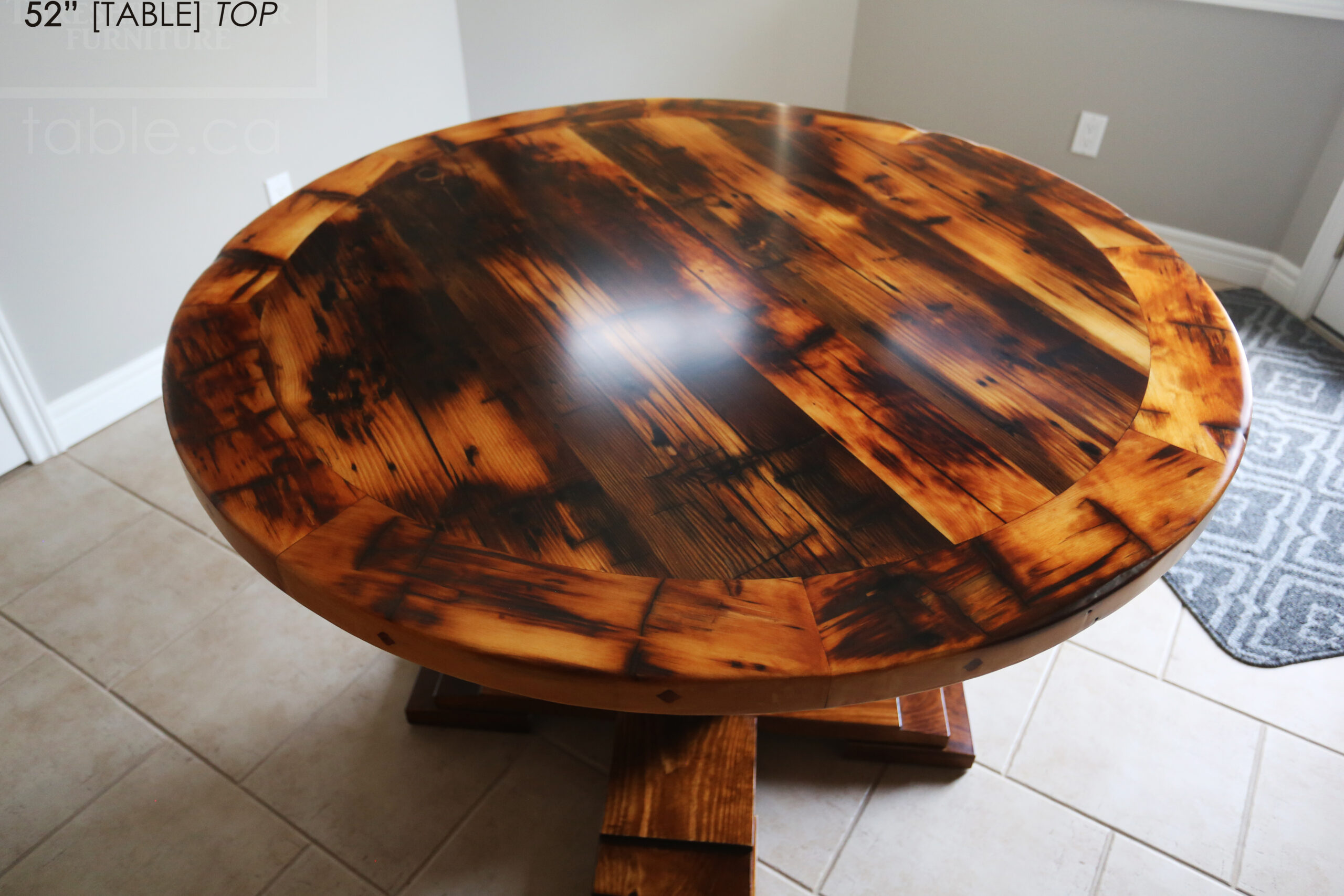 Project Summary: 52” Round Reclaimed Ontario Barnwood Table Top we made for a Tilsonburg customer – [Customer Provided] Old Growth Pine Construction - Original distressing maintained – Circular Bread Edge Boards – Premium epoxy + satin polyurethane finish – Customer base finished to match top - www.table.ca