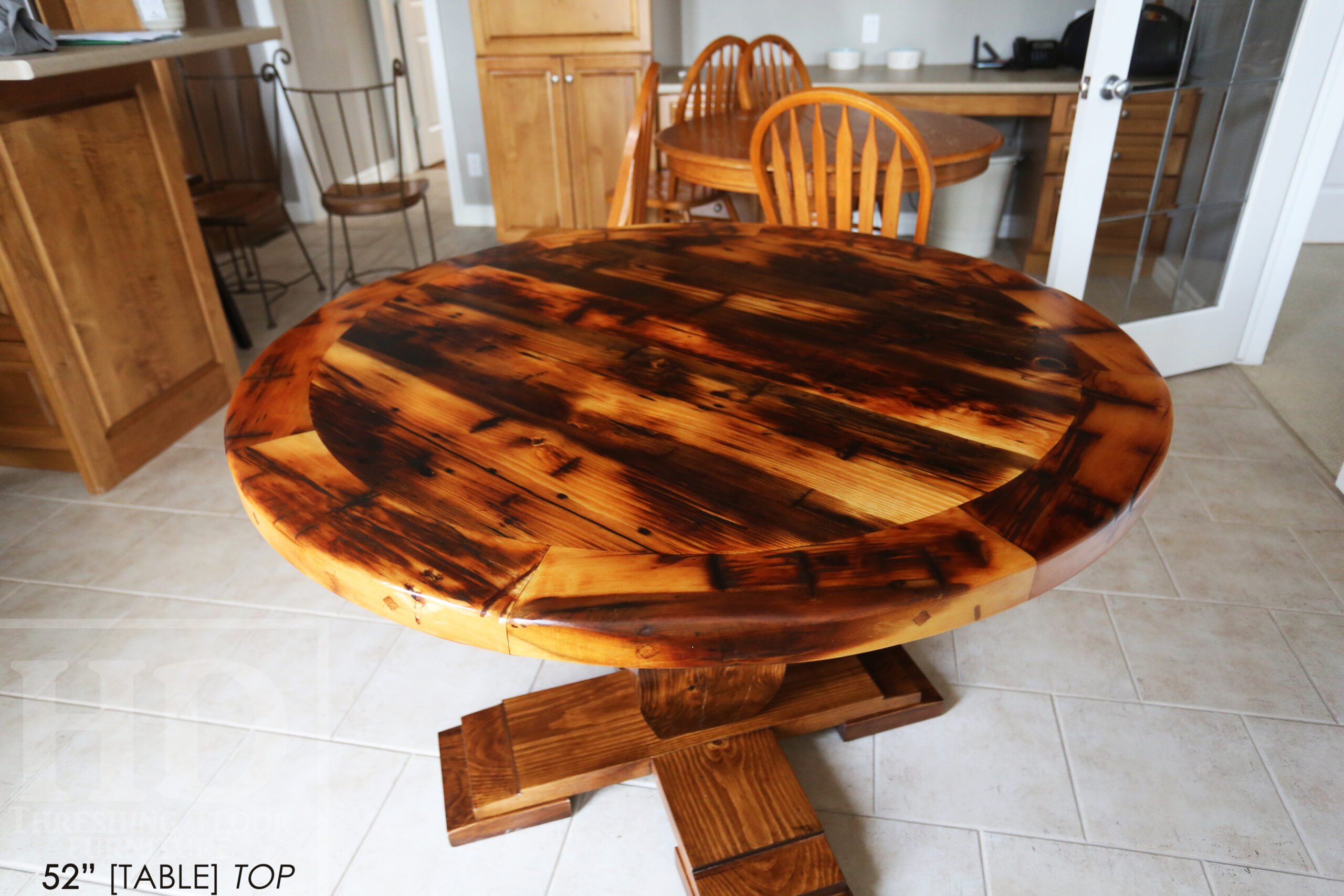 Project Summary: 52” Round Reclaimed Ontario Barnwood Table Top we made for a Tilsonburg customer – [Customer Provided] Old Growth Pine Construction - Original distressing maintained – Circular Bread Edge Boards – Premium epoxy + satin polyurethane finish – Customer base finished to match top - www.table.ca