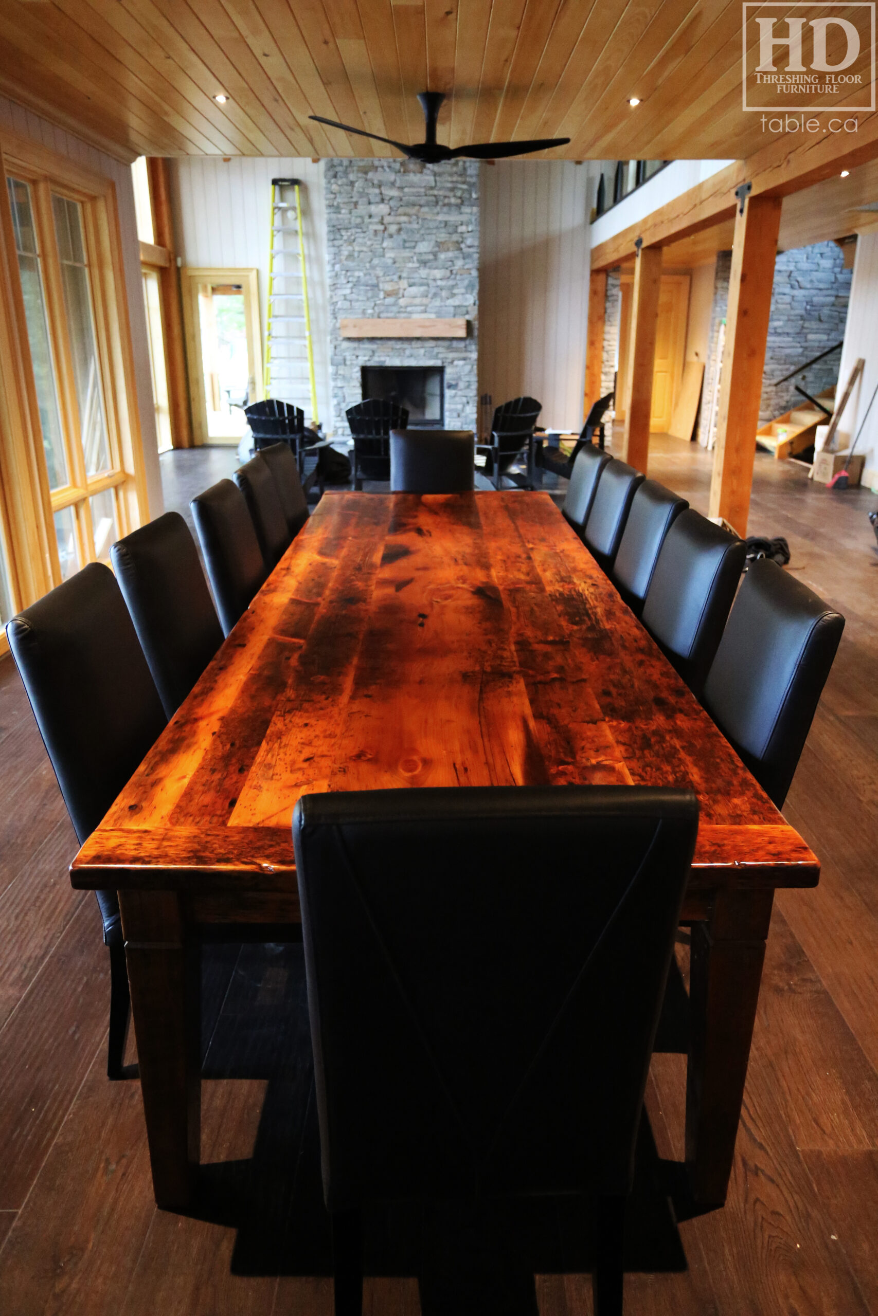 Project Summary: 12â€™ Reclaimed Ontario Barnwood Harvest Table â€“ Tapered with a Notch Windbrace Beam Legs - Old Growth Hemlock Threshing Floor 2â€ Construction - Original edges & distressing maintained â€“ Bread Edge Boards â€“- Premium epoxy + satin polyurethane finish - www.table.ca