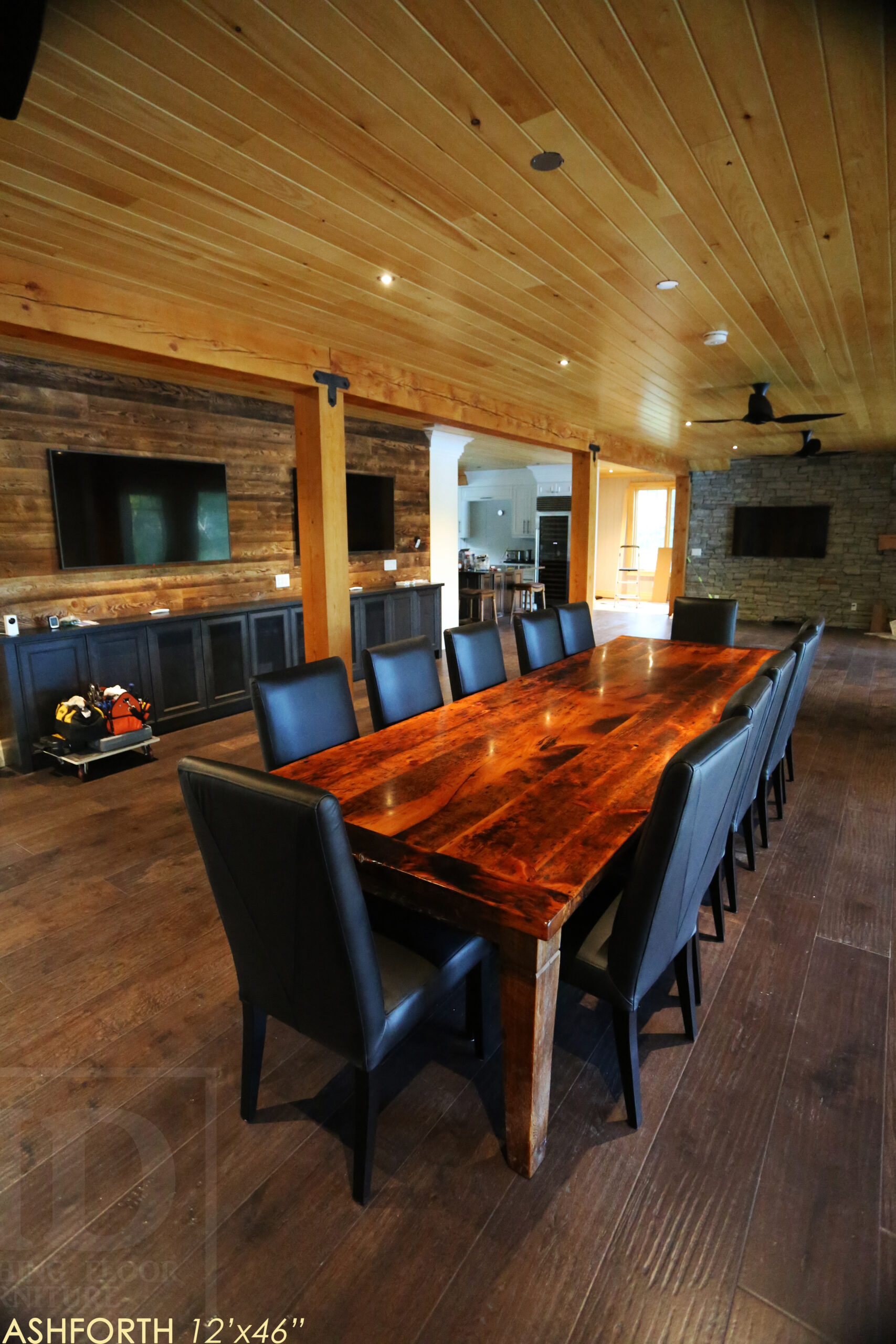 Project Summary: 12â€™ Reclaimed Ontario Barnwood Harvest Table â€“ Tapered with a Notch Windbrace Beam Legs - Old Growth Hemlock Threshing Floor 2â€ Construction - Original edges & distressing maintained â€“ Bread Edge Boards â€“- Premium epoxy + satin polyurethane finish - www.table.ca