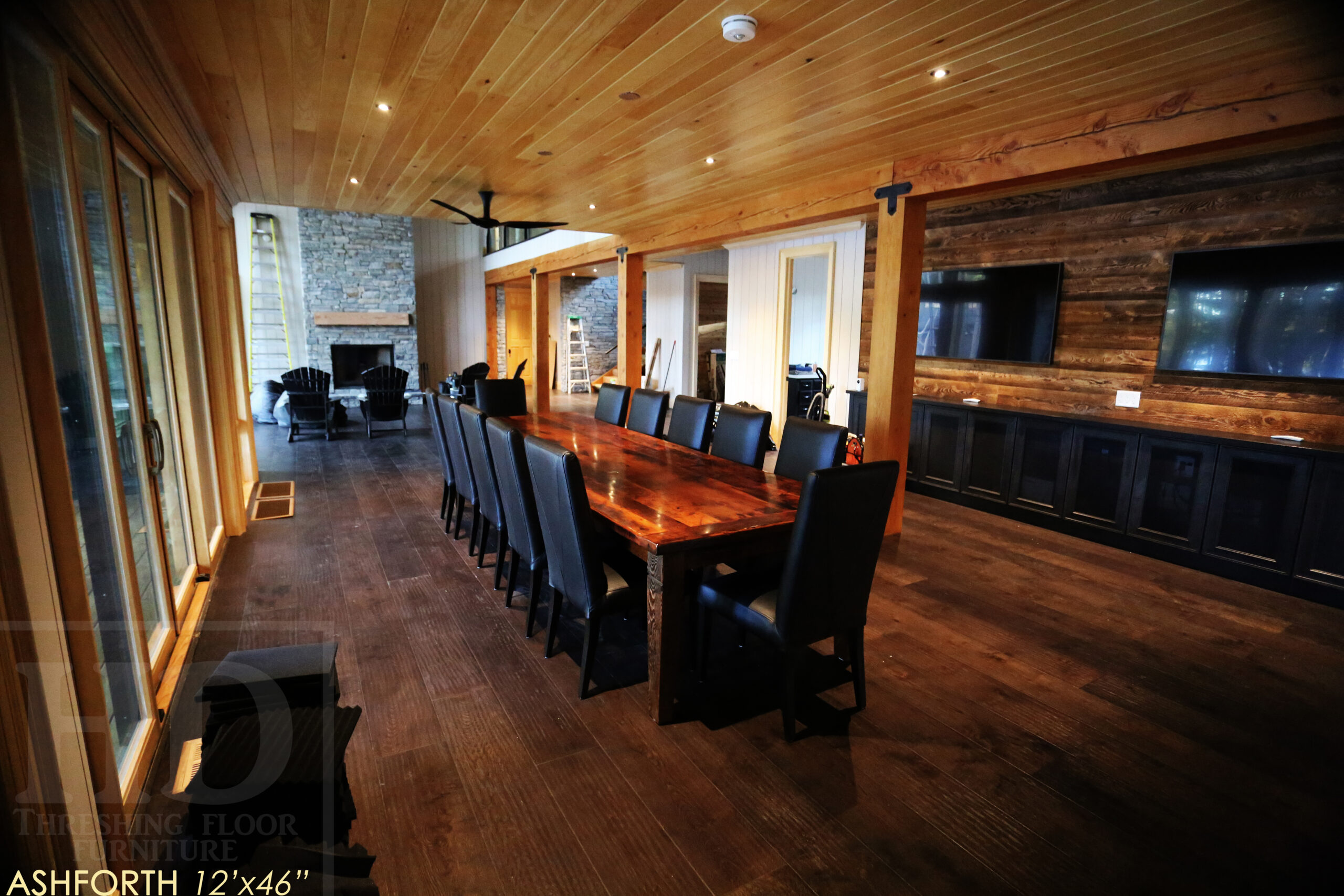 Project Summary: 12â€™ Reclaimed Ontario Barnwood Harvest Table â€“ Tapered with a Notch Windbrace Beam Legs - Old Growth Hemlock Threshing Floor 2â€ Construction - Original edges & distressing maintained â€“ Bread Edge Boards â€“- Premium epoxy + satin polyurethane finish - www.table.ca