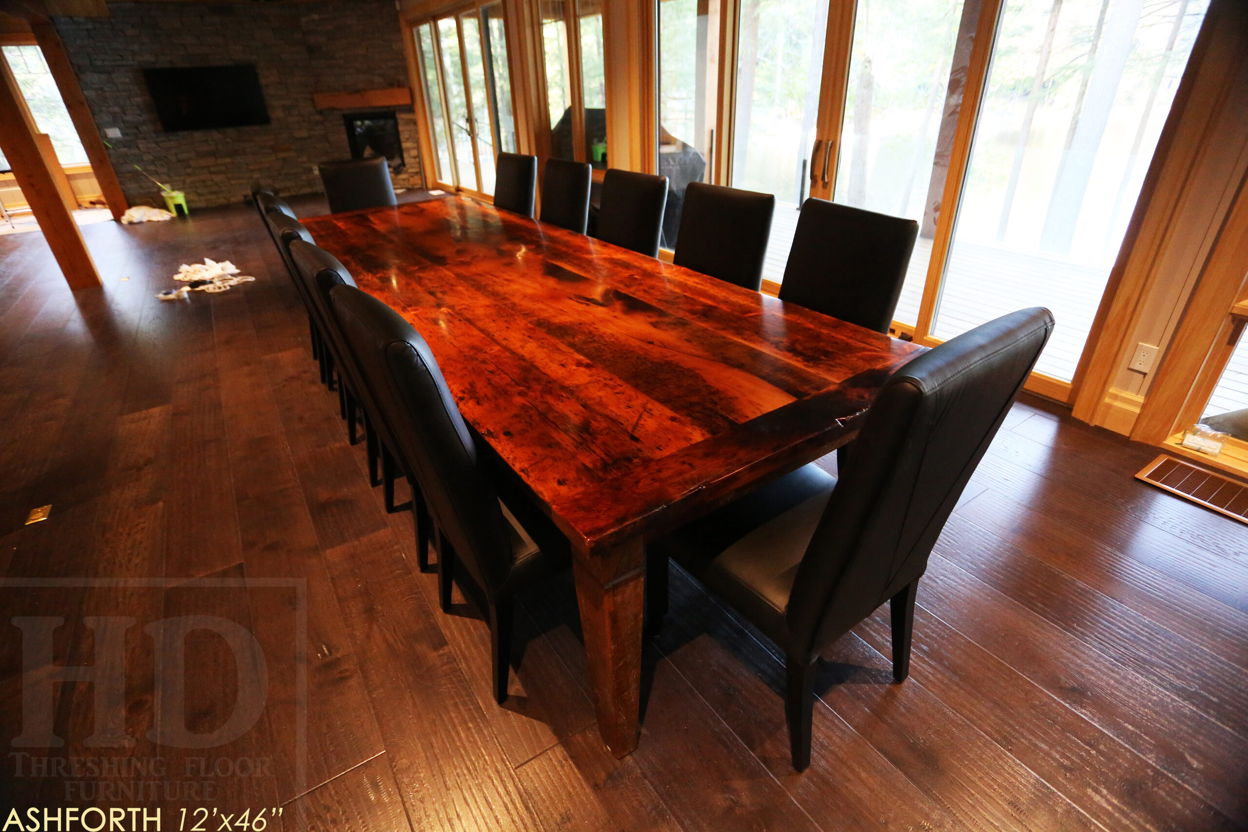 Project Summary: 12â€™ Reclaimed Ontario Barnwood Harvest Table â€“ Tapered with a Notch Windbrace Beam Legs - Old Growth Hemlock Threshing Floor 2â€ Construction - Original edges & distressing maintained â€“ Bread Edge Boards â€“- Premium epoxy + satin polyurethane finish - www.table.ca