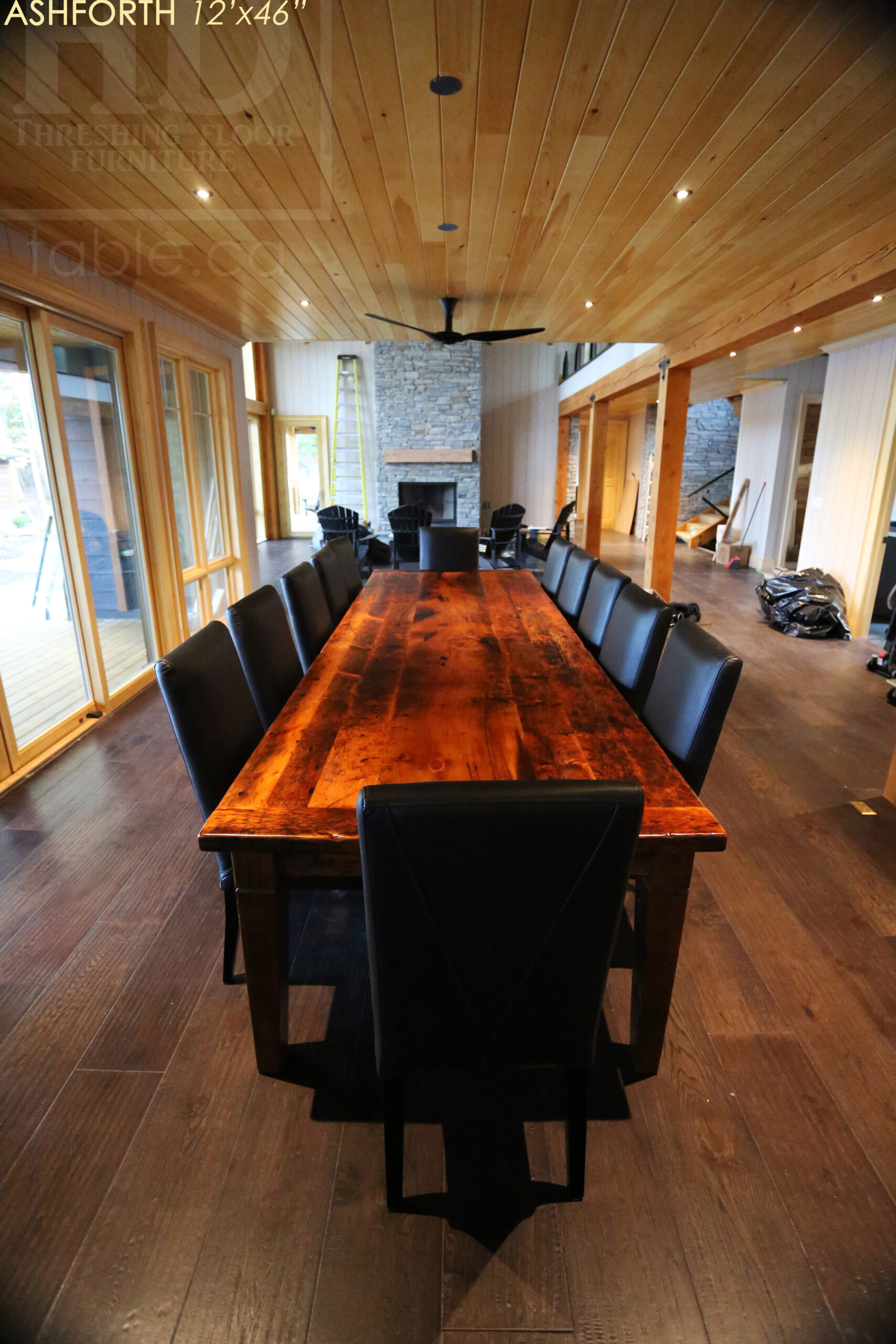 Project Summary: 12â€™ Reclaimed Ontario Barnwood Harvest Table â€“ Tapered with a Notch Windbrace Beam Legs - Old Growth Hemlock Threshing Floor 2â€ Construction - Original edges & distressing maintained â€“ Bread Edge Boards â€“- Premium epoxy + satin polyurethane finish - www.table.ca