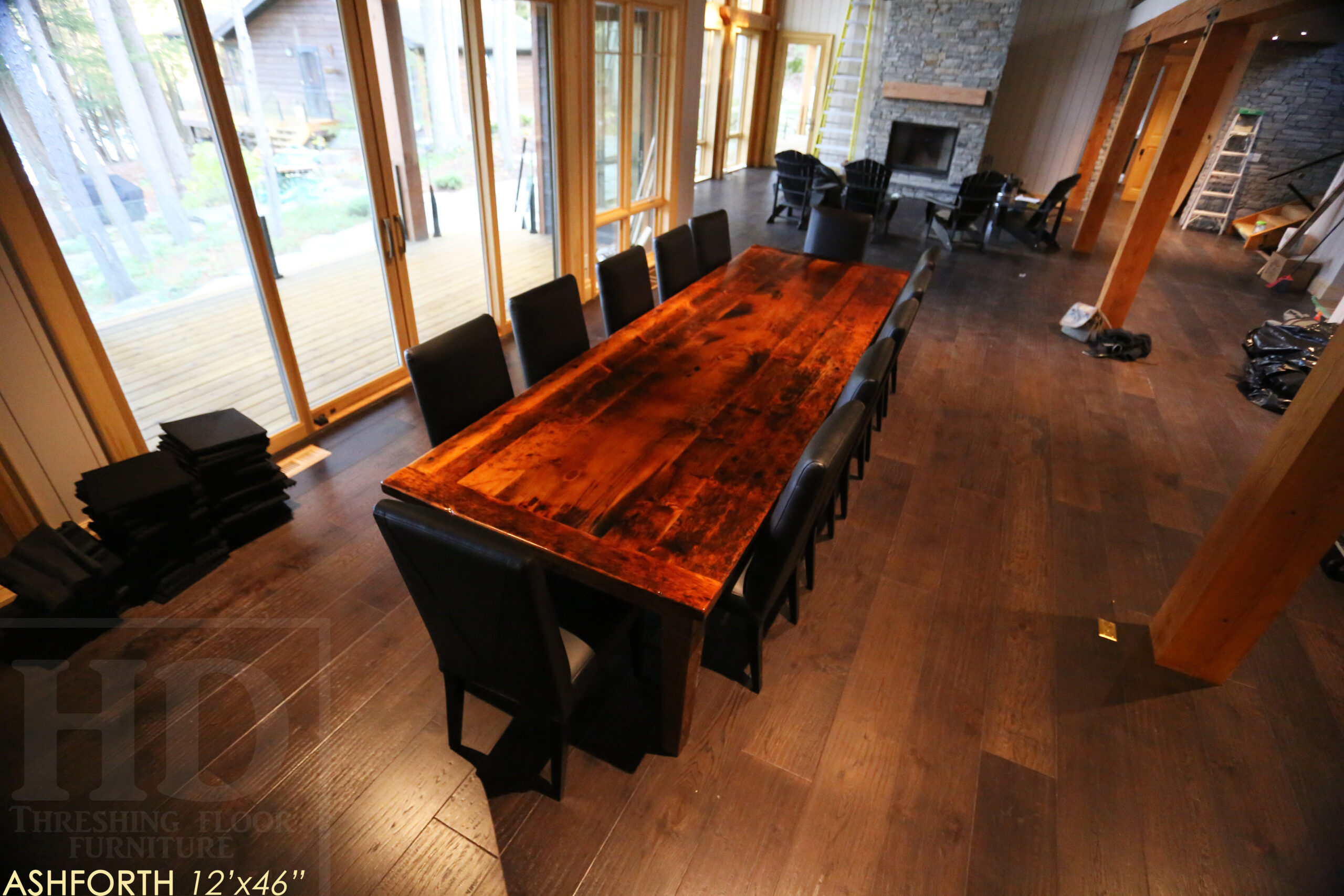 Project Summary: 12â€™ Reclaimed Ontario Barnwood Harvest Table â€“ Tapered with a Notch Windbrace Beam Legs - Old Growth Hemlock Threshing Floor 2â€ Construction - Original edges & distressing maintained â€“ Bread Edge Boards â€“- Premium epoxy + satin polyurethane finish - www.table.ca