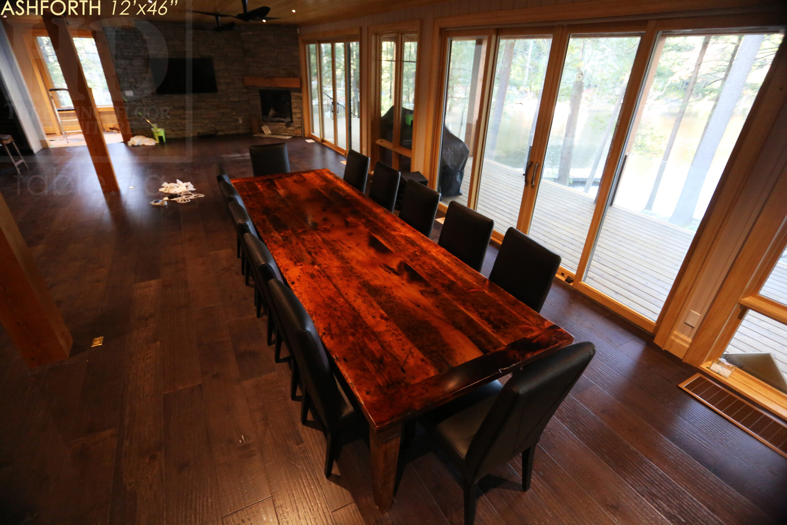 Project Summary: 12â€™ Reclaimed Ontario Barnwood Harvest Table â€“ Tapered with a Notch Windbrace Beam Legs - Old Growth Hemlock Threshing Floor 2â€ Construction - Original edges & distressing maintained â€“ Bread Edge Boards â€“- Premium epoxy + satin polyurethane finish - www.table.ca