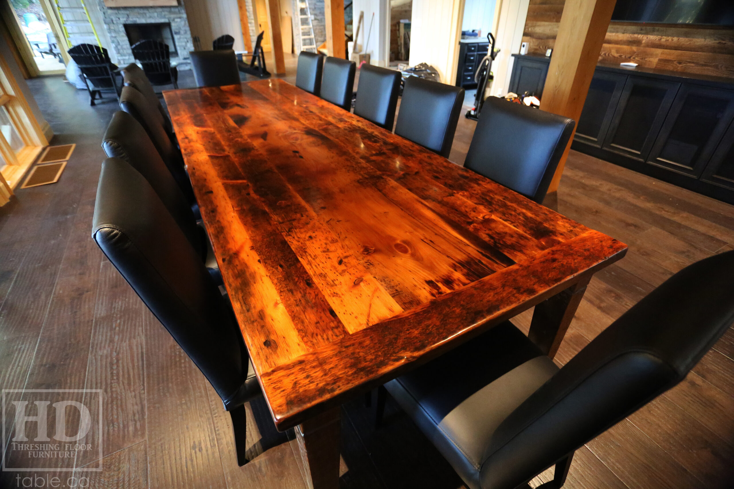 Project Summary: 12â€™ Reclaimed Ontario Barnwood Harvest Table â€“ Tapered with a Notch Windbrace Beam Legs - Old Growth Hemlock Threshing Floor 2â€ Construction - Original edges & distressing maintained â€“ Bread Edge Boards â€“- Premium epoxy + satin polyurethane finish - www.table.ca