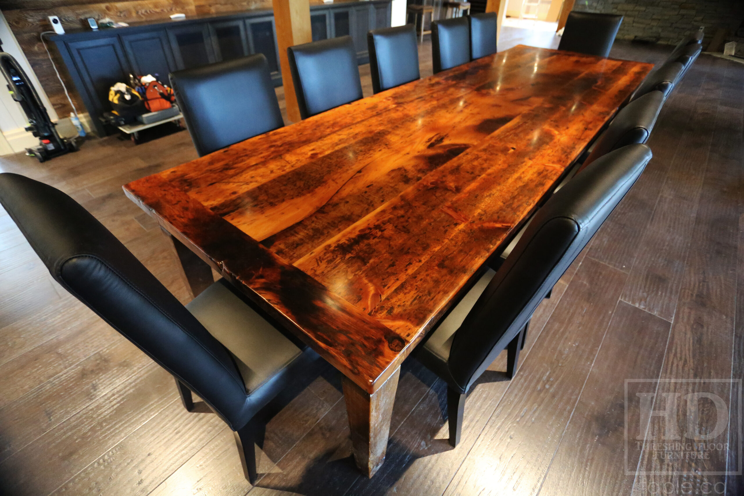 Project Summary: 12â€™ Reclaimed Ontario Barnwood Harvest Table â€“ Tapered with a Notch Windbrace Beam Legs - Old Growth Hemlock Threshing Floor 2â€ Construction - Original edges & distressing maintained â€“ Bread Edge Boards â€“- Premium epoxy + satin polyurethane finish - www.table.ca