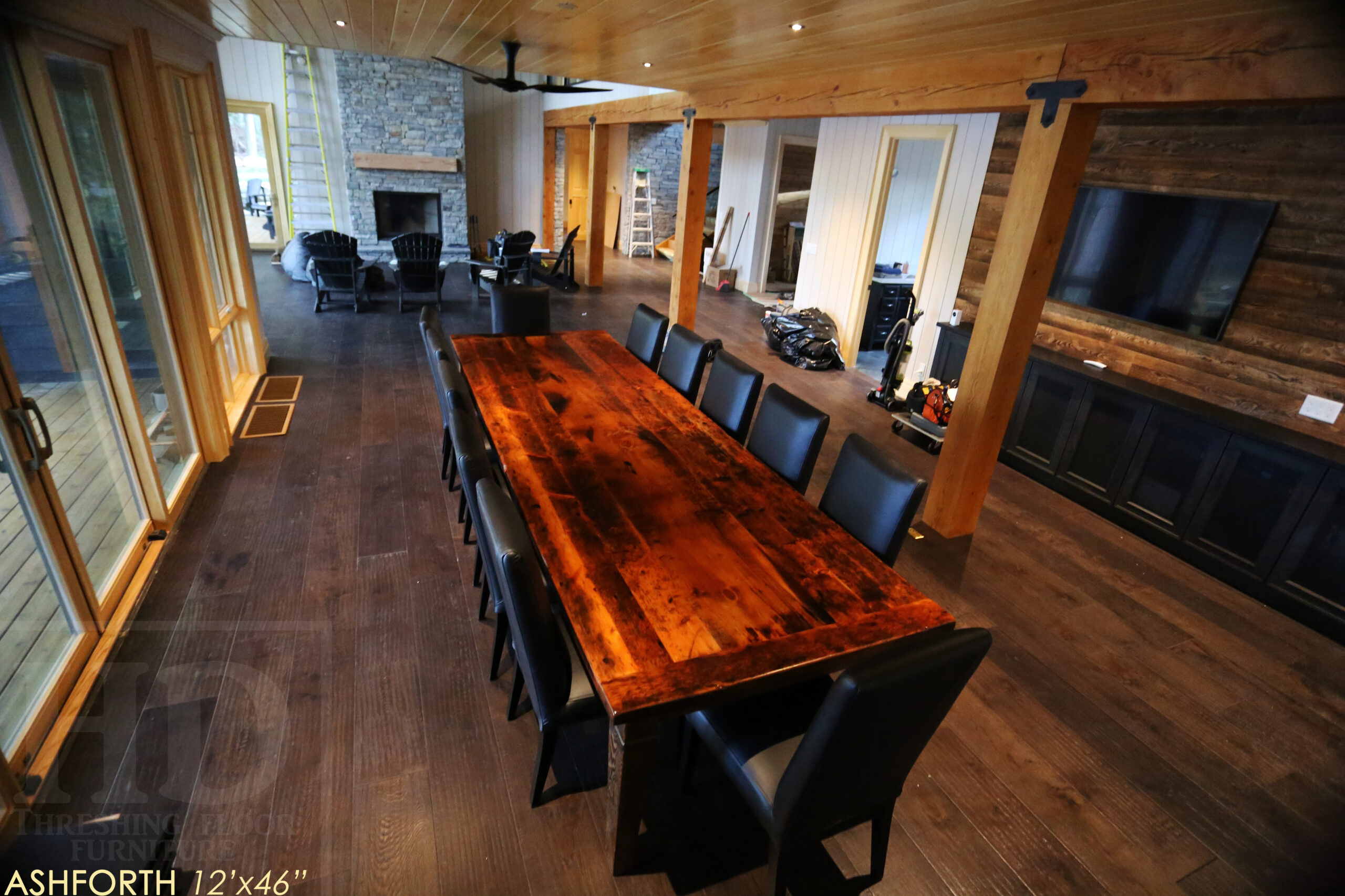 Project Summary: 12â€™ Reclaimed Ontario Barnwood Harvest Table â€“ Tapered with a Notch Windbrace Beam Legs - Old Growth Hemlock Threshing Floor 2â€ Construction - Original edges & distressing maintained â€“ Bread Edge Boards â€“- Premium epoxy + satin polyurethane finish - www.table.ca