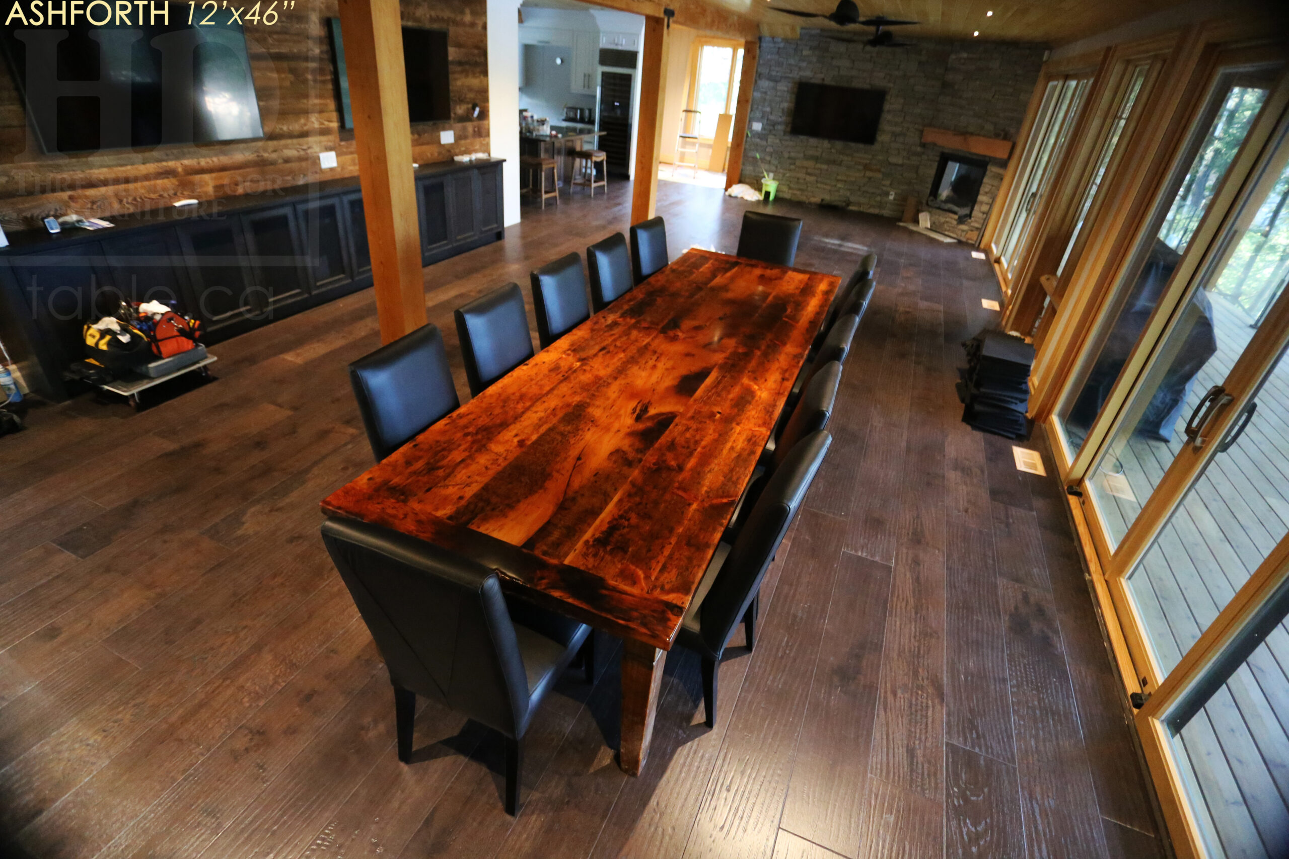 Project Summary: 12â€™ Reclaimed Ontario Barnwood Harvest Table â€“ Tapered with a Notch Windbrace Beam Legs - Old Growth Hemlock Threshing Floor 2â€ Construction - Original edges & distressing maintained â€“ Bread Edge Boards â€“- Premium epoxy + satin polyurethane finish - www.table.ca