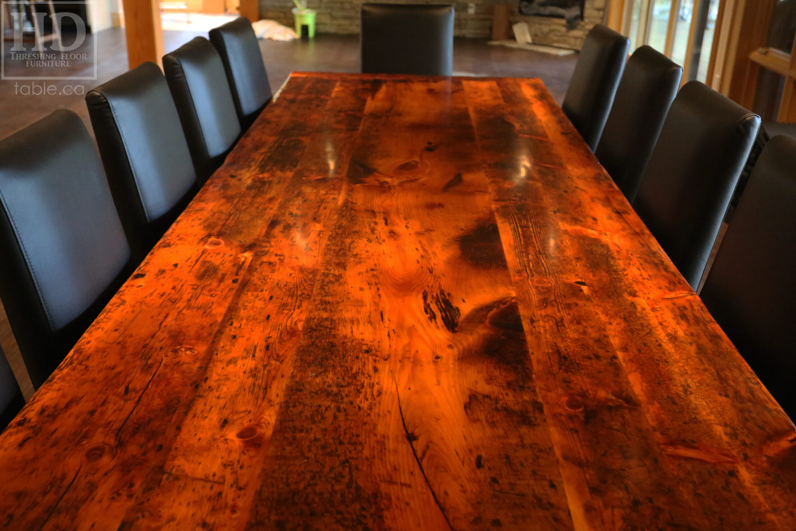 Project Summary: 12â€™ Reclaimed Ontario Barnwood Harvest Table â€“ Tapered with a Notch Windbrace Beam Legs - Old Growth Hemlock Threshing Floor 2â€ Construction - Original edges & distressing maintained â€“ Bread Edge Boards â€“- Premium epoxy + satin polyurethane finish - www.table.ca