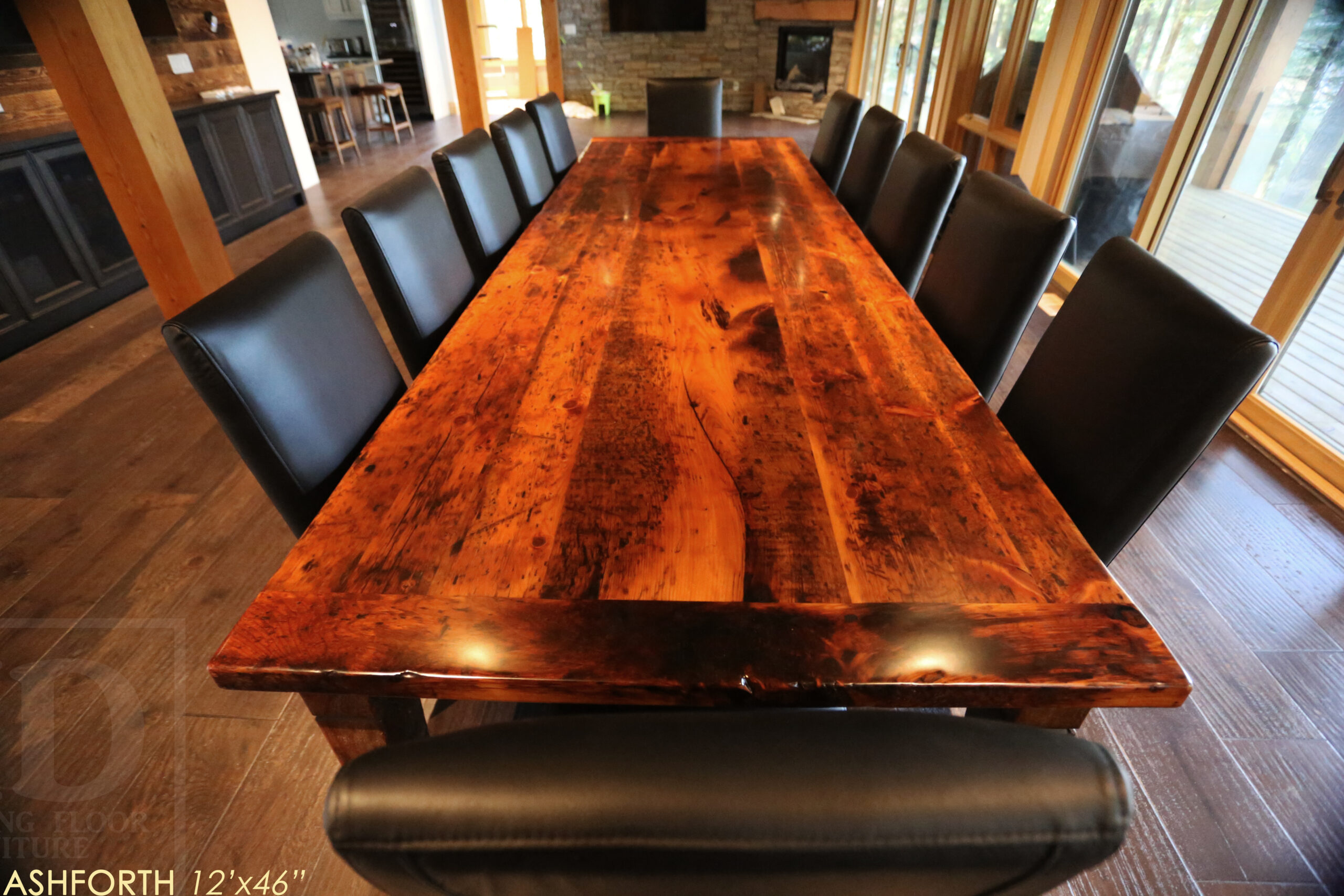 Project Summary: 12â€™ Reclaimed Ontario Barnwood Harvest Table â€“ Tapered with a Notch Windbrace Beam Legs - Old Growth Hemlock Threshing Floor 2â€ Construction - Original edges & distressing maintained â€“ Bread Edge Boards â€“- Premium epoxy + satin polyurethane finish - www.table.ca