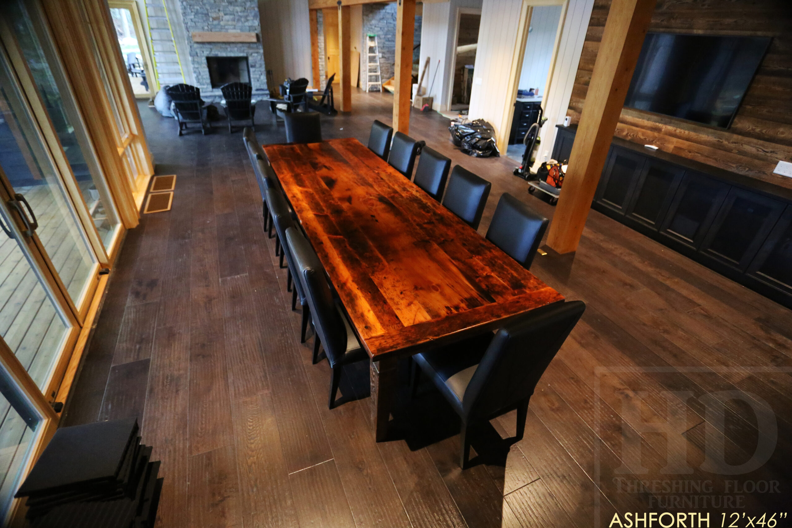 Project Summary: 12â€™ Reclaimed Ontario Barnwood Harvest Table â€“ Tapered with a Notch Windbrace Beam Legs - Old Growth Hemlock Threshing Floor 2â€ Construction - Original edges & distressing maintained â€“ Bread Edge Boards â€“- Premium epoxy + satin polyurethane finish - www.table.ca