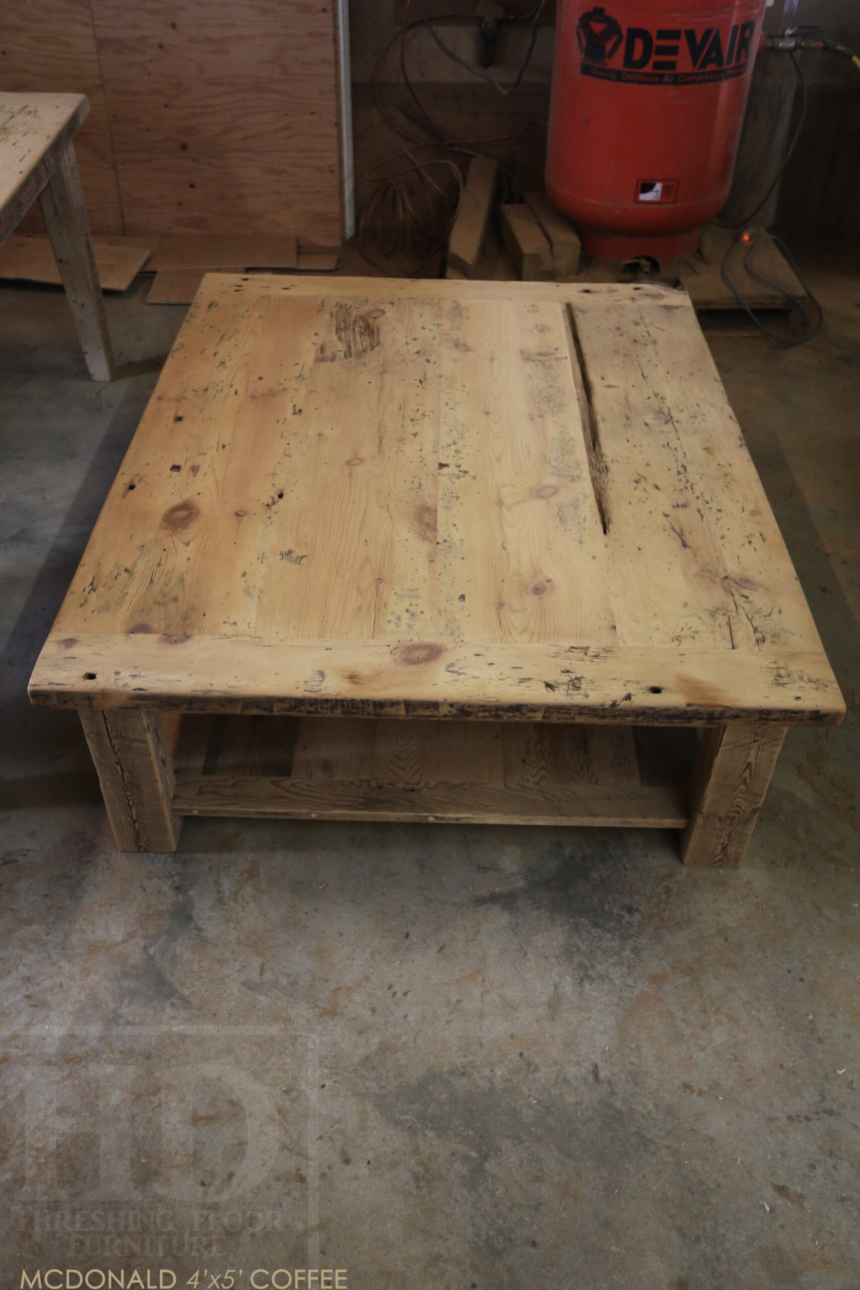 4’ x 5’ Reclaimed Ontario Barnwood Coffee Table we made for a Kincardine, Ontario home – 18” height - – Old Growth Hemlock Threshing Floor Construction - Original edges & distressing maintained – Bread Edge Board Ends – Premium epoxy + matte polyurethane finish - www.table.ca