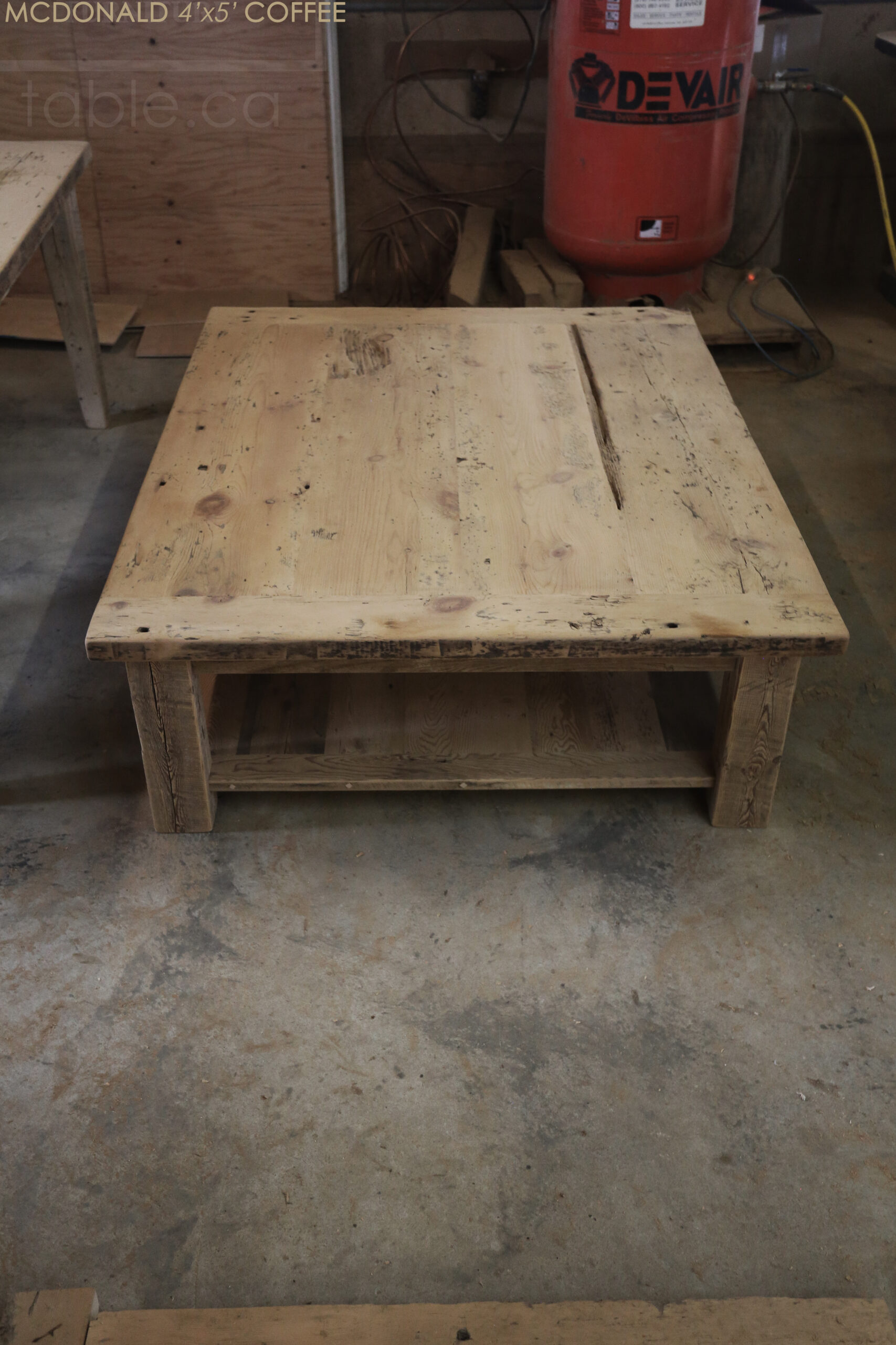 4’ x 5’ Reclaimed Ontario Barnwood Coffee Table we made for a Kincardine, Ontario home – 18” height - – Old Growth Hemlock Threshing Floor Construction - Original edges & distressing maintained – Bread Edge Board Ends – Premium epoxy + matte polyurethane finish - www.table.ca