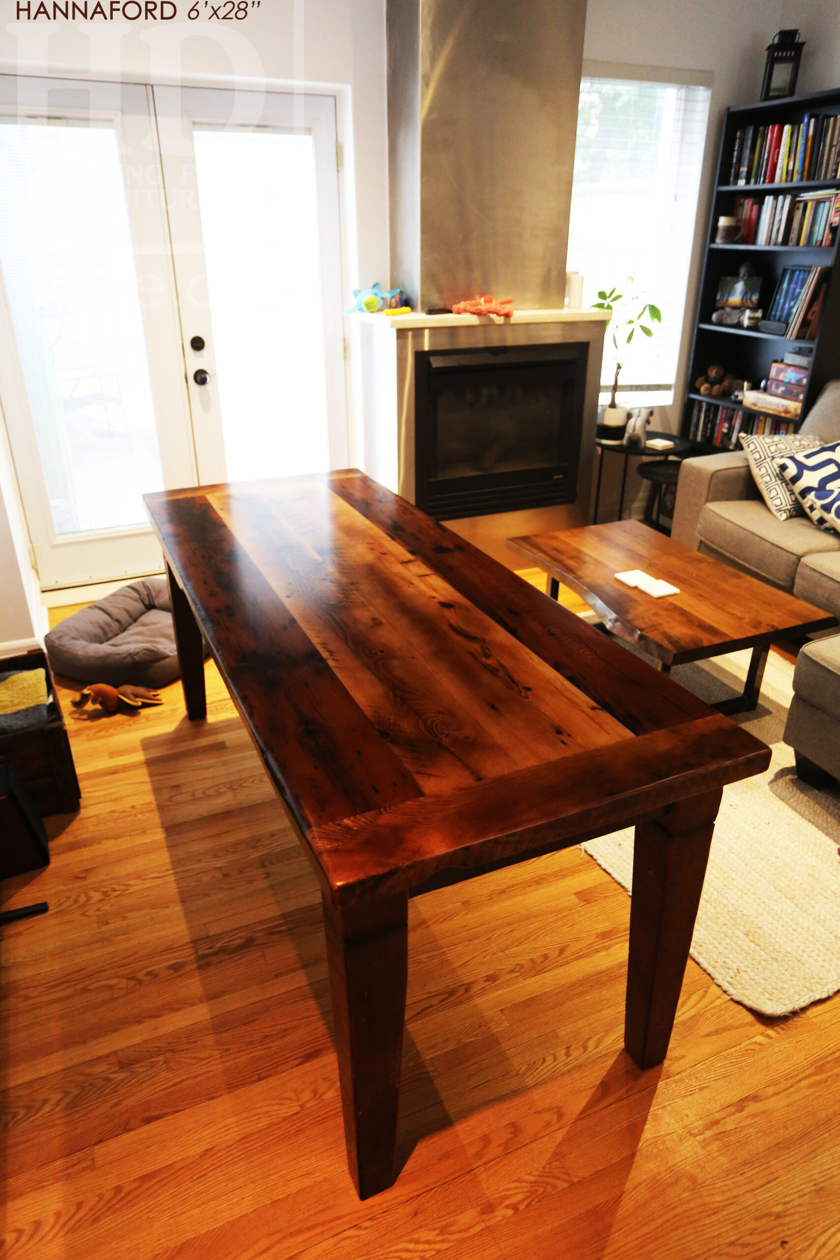 6’ Ontario Barnwood Harvest Table we made for a Toronto, Ontario Home – 28” wide – Harvest Base / Tapered with a Notch Windbrace Beam Legs - Old Growth Hemlock Threshing Floor Construction - Original edges & distressing maintained – Bread Edge Board Ends – Premium epoxy + satin polyurethane finish - www.table.ca