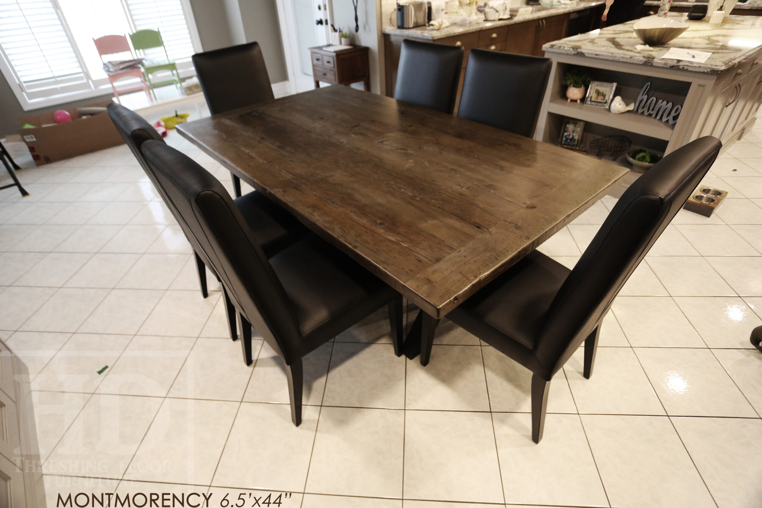 Project Summary: 6.5’ Reclaimed Ontario Barnwood Table we made for a Hamilton, Ontario home – 44” wide –X Shaped Matte Black Base - Old Growth Hemlock Threshing Floor Construction - Original edges & distressing maintained – Bread Edge Boards – Barnboard Grey Option - Premium epoxy + satin polyurethane finish – 8 V Back Topgrain Leather Parsons Chairs / Black - www.table.ca