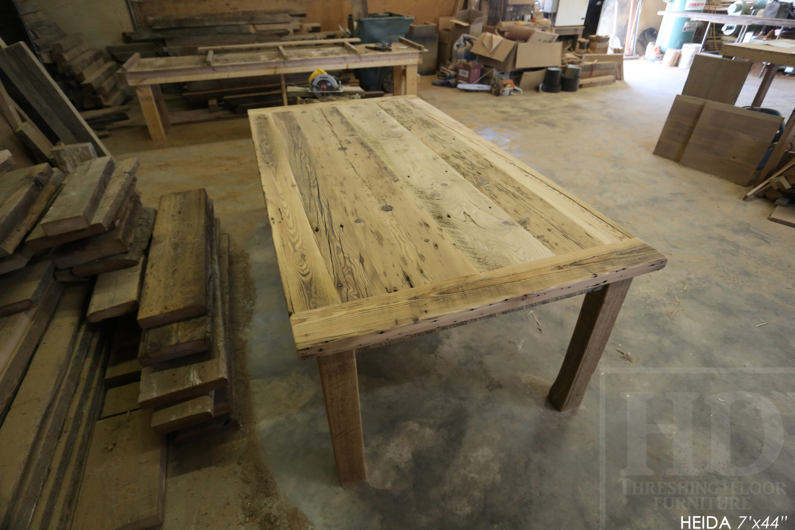 7â€™ Ontario Barnwood Table â€“ 42â€ wide â€“ Harvest Base: Straight 4â€x4â€ Windbrace Beam Legs - Old Growth Hemlock Threshing Floor Construction - Original edges & distressing maintained â€“ 3â€ skirting - Bread Edge Boards â€“ Premium epoxy + satin polyurethane finish â€“ Drawer Option we made for an Ancaster Home - www.table.ca