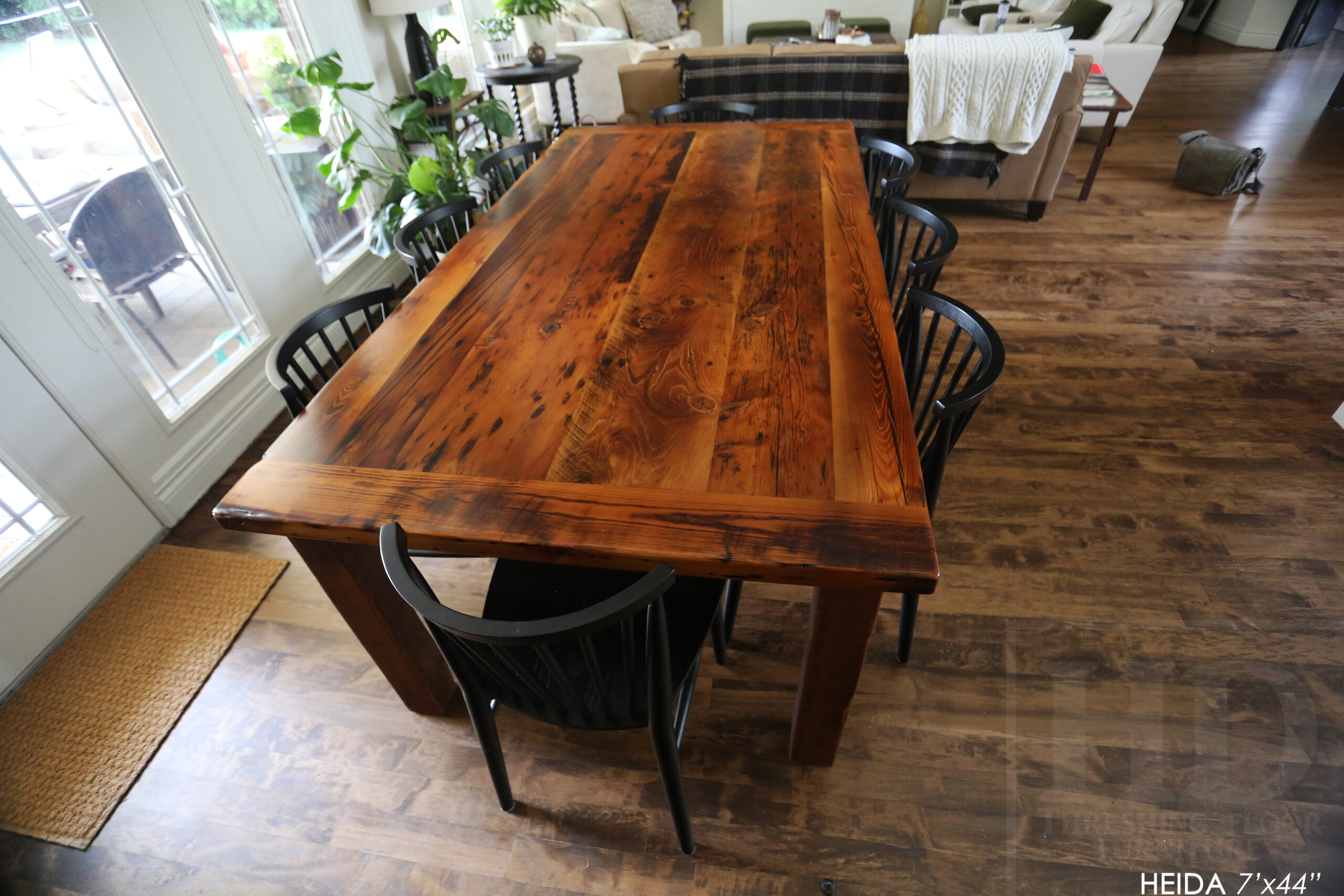 7â€™ Ontario Barnwood Table â€“ 42â€ wide â€“ Harvest Base: Straight 4â€x4â€ Windbrace Beam Legs - Old Growth Hemlock Threshing Floor Construction - Original edges & distressing maintained â€“ 3â€ skirting - Bread Edge Boards â€“ Premium epoxy + satin polyurethane finish â€“ Drawer Option we made for an Ancaster Home - www.table.ca