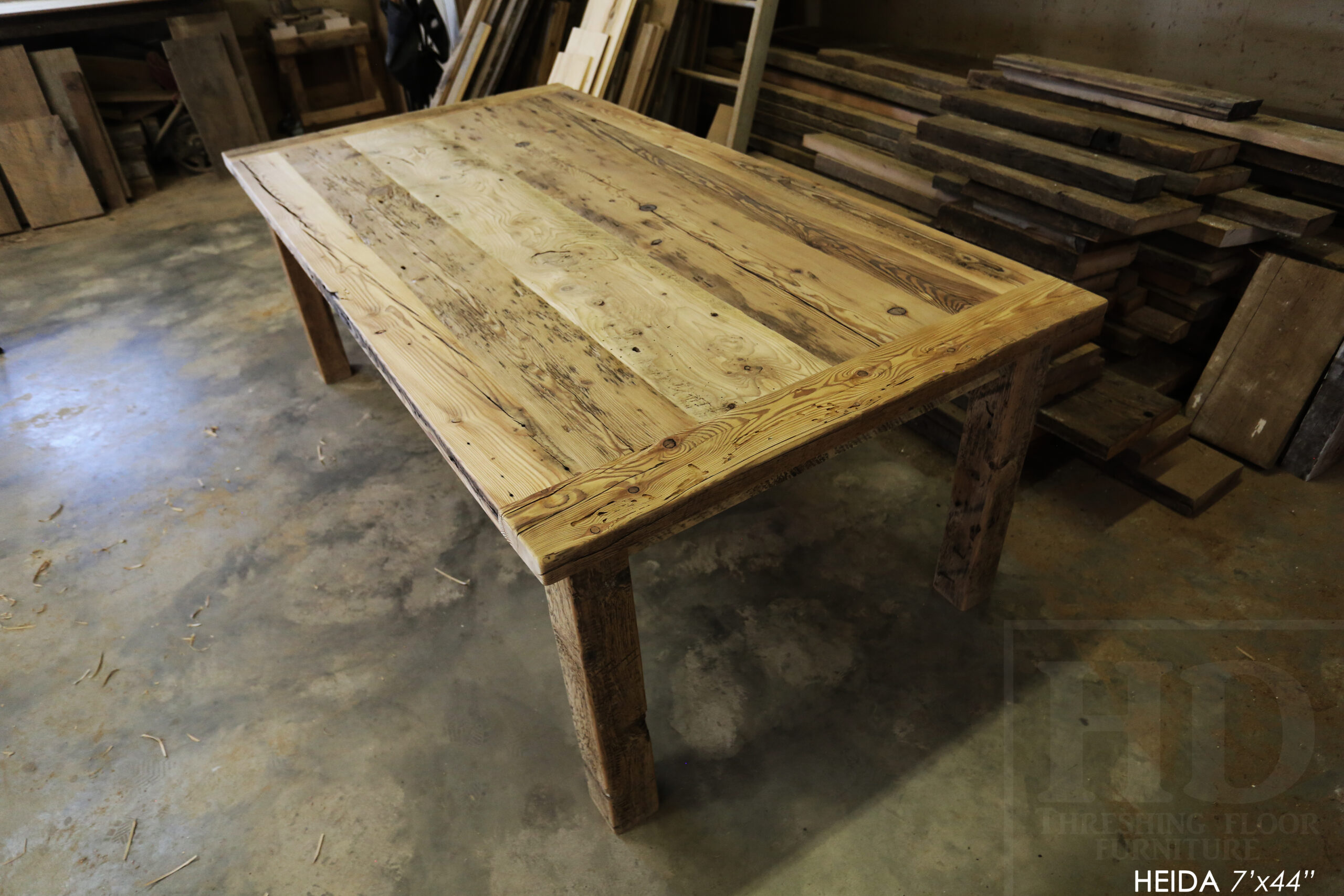 7â€™ Ontario Barnwood Table â€“ 42â€ wide â€“ Harvest Base: Straight 4â€x4â€ Windbrace Beam Legs - Old Growth Hemlock Threshing Floor Construction - Original edges & distressing maintained â€“ 3â€ skirting - Bread Edge Boards â€“ Premium epoxy + satin polyurethane finish â€“ Drawer Option we made for an Ancaster Home - www.table.ca