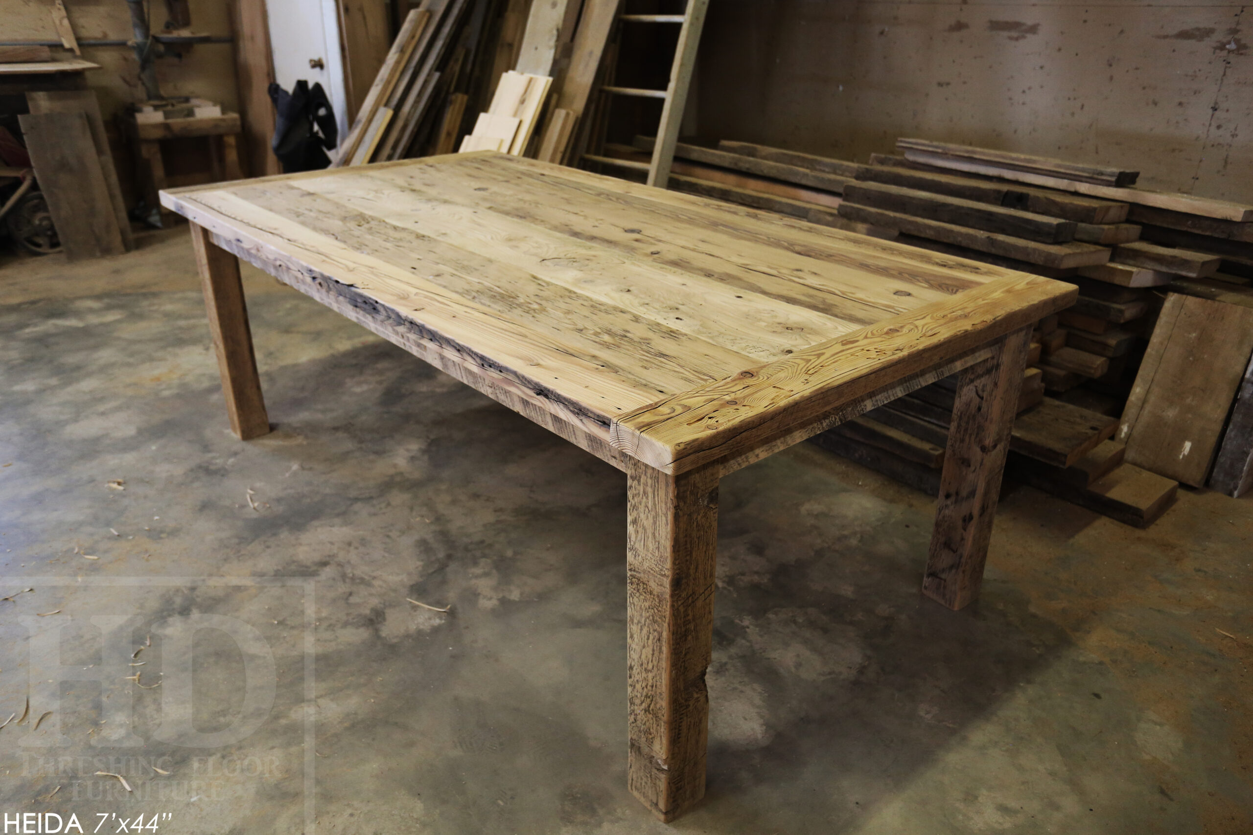 7â€™ Ontario Barnwood Table â€“ 42â€ wide â€“ Harvest Base: Straight 4â€x4â€ Windbrace Beam Legs - Old Growth Hemlock Threshing Floor Construction - Original edges & distressing maintained â€“ 3â€ skirting - Bread Edge Boards â€“ Premium epoxy + satin polyurethane finish â€“ Drawer Option we made for an Ancaster Home - www.table.ca