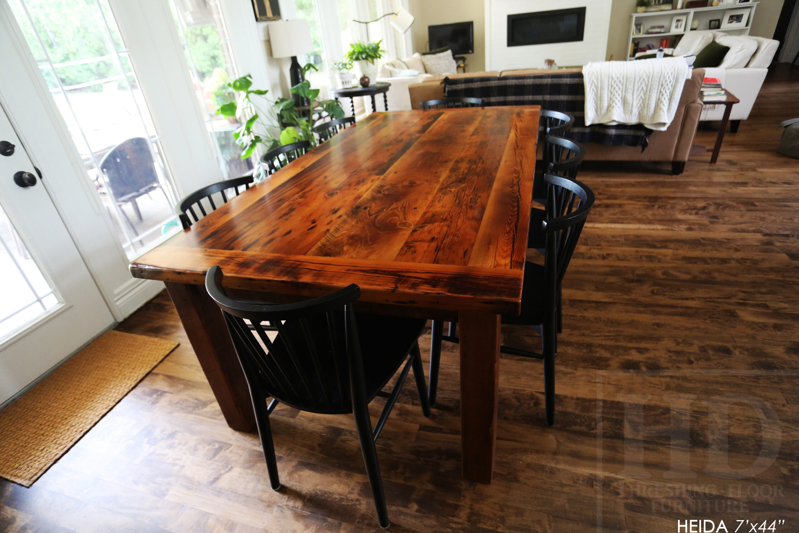 7â€™ Ontario Barnwood Table â€“ 42â€ wide â€“ Harvest Base: Straight 4â€x4â€ Windbrace Beam Legs - Old Growth Hemlock Threshing Floor Construction - Original edges & distressing maintained â€“ 3â€ skirting - Bread Edge Boards â€“ Premium epoxy + satin polyurethane finish â€“ Drawer Option we made for an Ancaster Home - www.table.ca