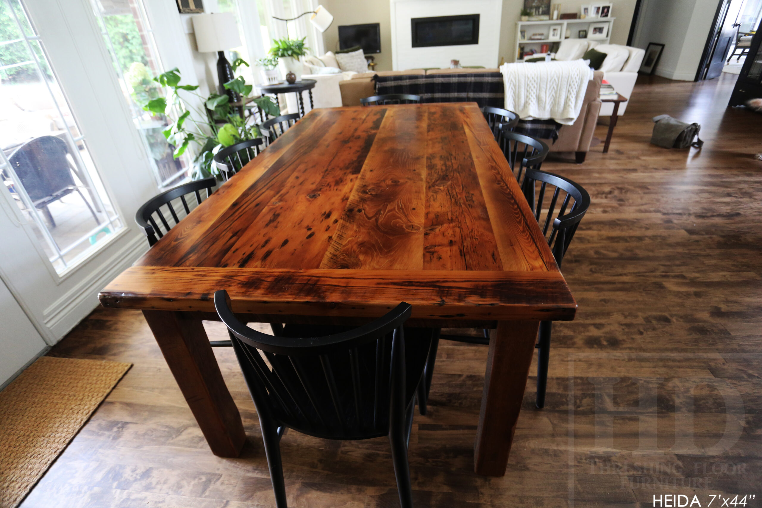 7â€™ Ontario Barnwood Table â€“ 42â€ wide â€“ Harvest Base: Straight 4â€x4â€ Windbrace Beam Legs - Old Growth Hemlock Threshing Floor Construction - Original edges & distressing maintained â€“ 3â€ skirting - Bread Edge Boards â€“ Premium epoxy + satin polyurethane finish â€“ Drawer Option we made for an Ancaster Home - www.table.ca