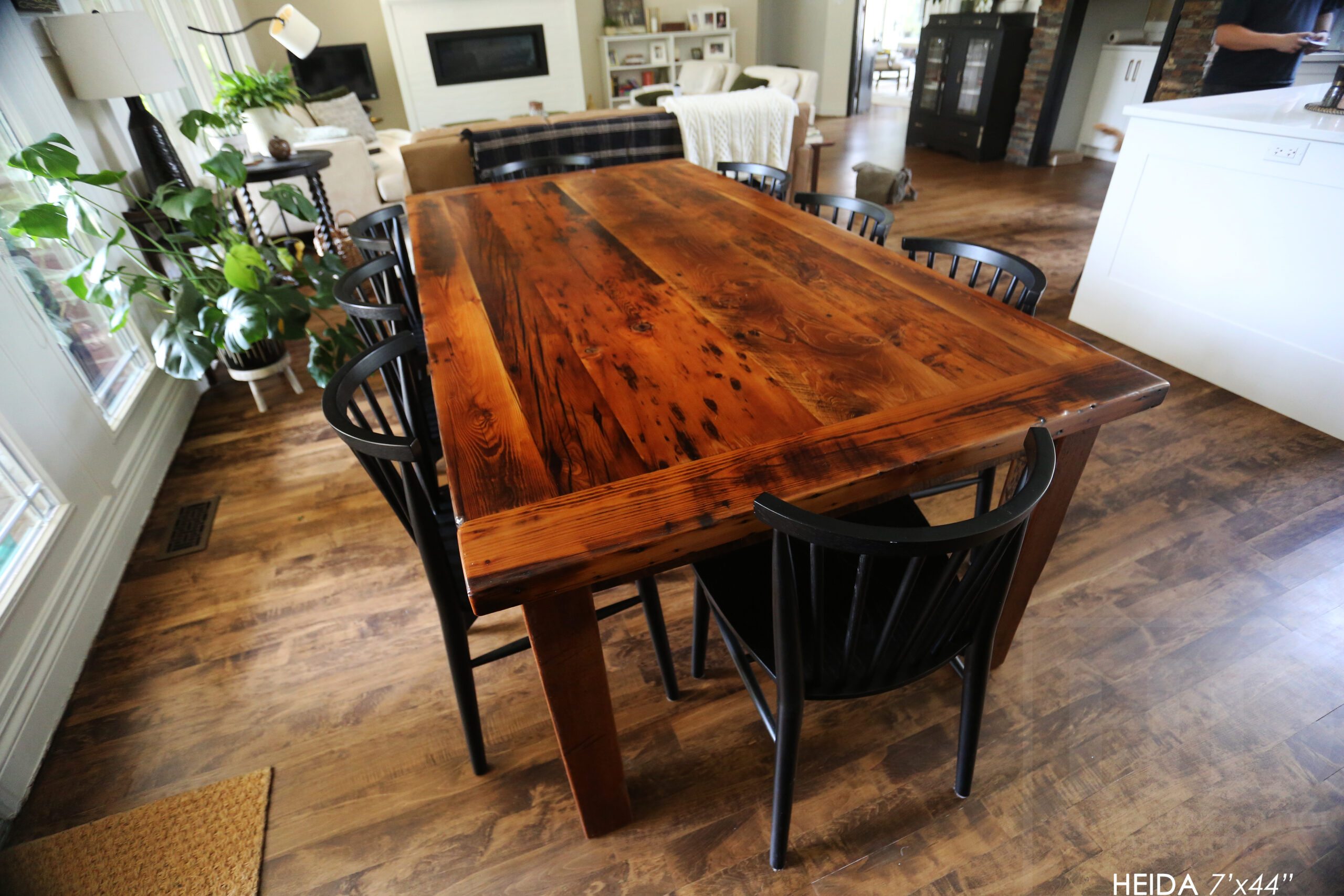 7â€™ Ontario Barnwood Table â€“ 42â€ wide â€“ Harvest Base: Straight 4â€x4â€ Windbrace Beam Legs - Old Growth Hemlock Threshing Floor Construction - Original edges & distressing maintained â€“ 3â€ skirting - Bread Edge Boards â€“ Premium epoxy + satin polyurethane finish â€“ Drawer Option we made for an Ancaster Home - www.table.ca