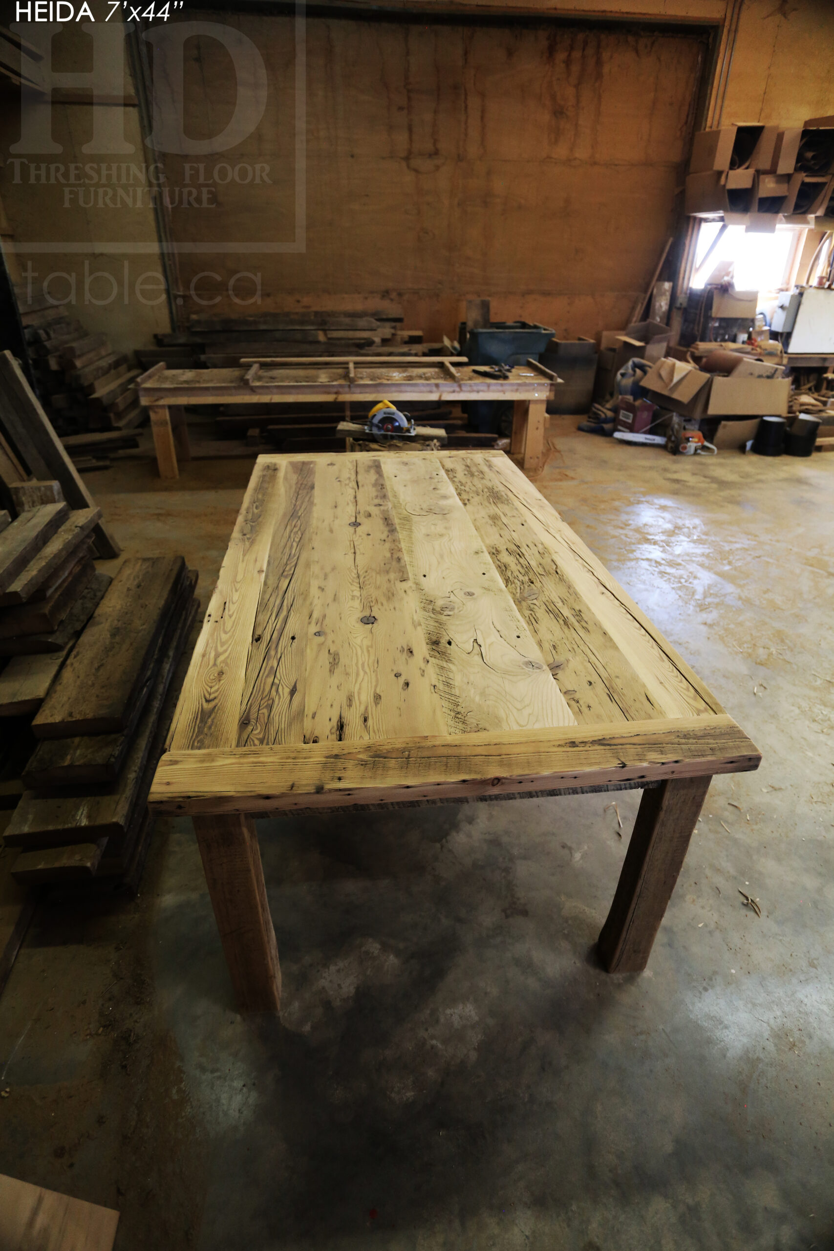 7â€™ Ontario Barnwood Table â€“ 42â€ wide â€“ Harvest Base: Straight 4â€x4â€ Windbrace Beam Legs - Old Growth Hemlock Threshing Floor Construction - Original edges & distressing maintained â€“ 3â€ skirting - Bread Edge Boards â€“ Premium epoxy + satin polyurethane finish â€“ Drawer Option we made for an Ancaster Home - www.table.ca