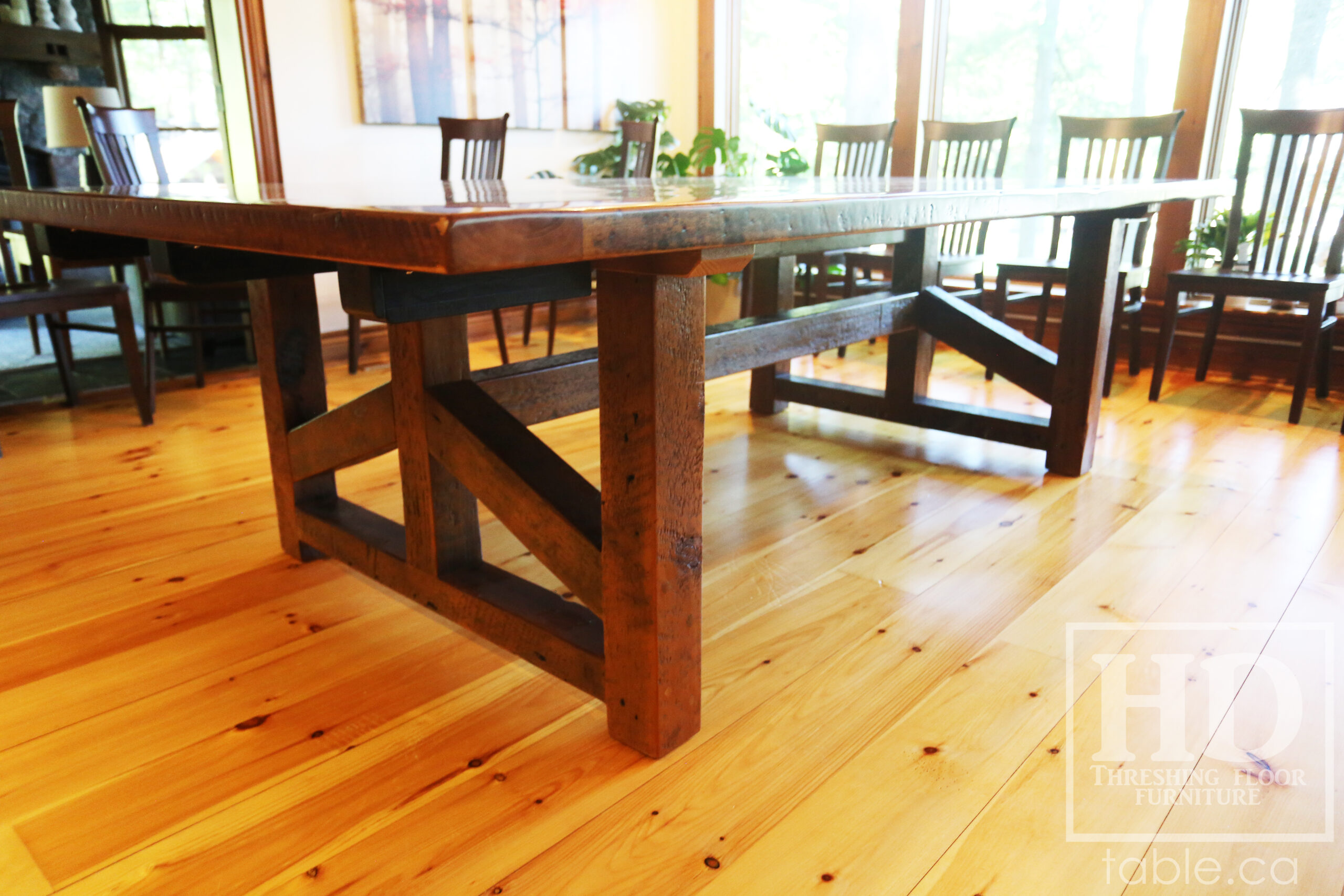 96" Ontario Barnwood Table we made for a Trent Hills, Ontario Resort - 56" wide - Frame Base - Hemlock Threshing Floor Construction - Original edges & distressing maintained - Premium epoxy + satin polyurethane finish - www.table.ca