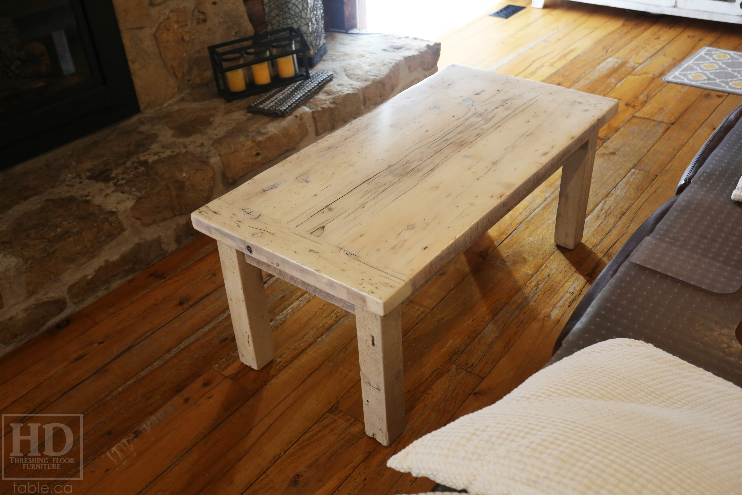 47â€ Ontario Barnwood Coffee Table â€“ 24â€ deep â€“ 20â€ height â€“ Straight 4â€x4â€ Windbrace Beam Legs â€“ Reclaimed Hemlock Threshing Floor & Grainery Board Construction â€“ 24â€ Drawer â€“ Original edges & distressing maintained - Bleached Option - Premium epoxy + satin polyurethane finish â€“ www.table.ca