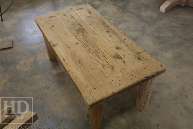 47â€ Ontario Barnwood Coffee Table â€“ 24â€ deep â€“ 20â€ height â€“ Straight 4â€x4â€ Windbrace Beam Legs â€“ Reclaimed Hemlock Threshing Floor & Grainery Board Construction â€“ 24â€ Drawer â€“ Original edges & distressing maintained - Bleached Option - Premium epoxy + satin polyurethane finish â€“ www.table.ca