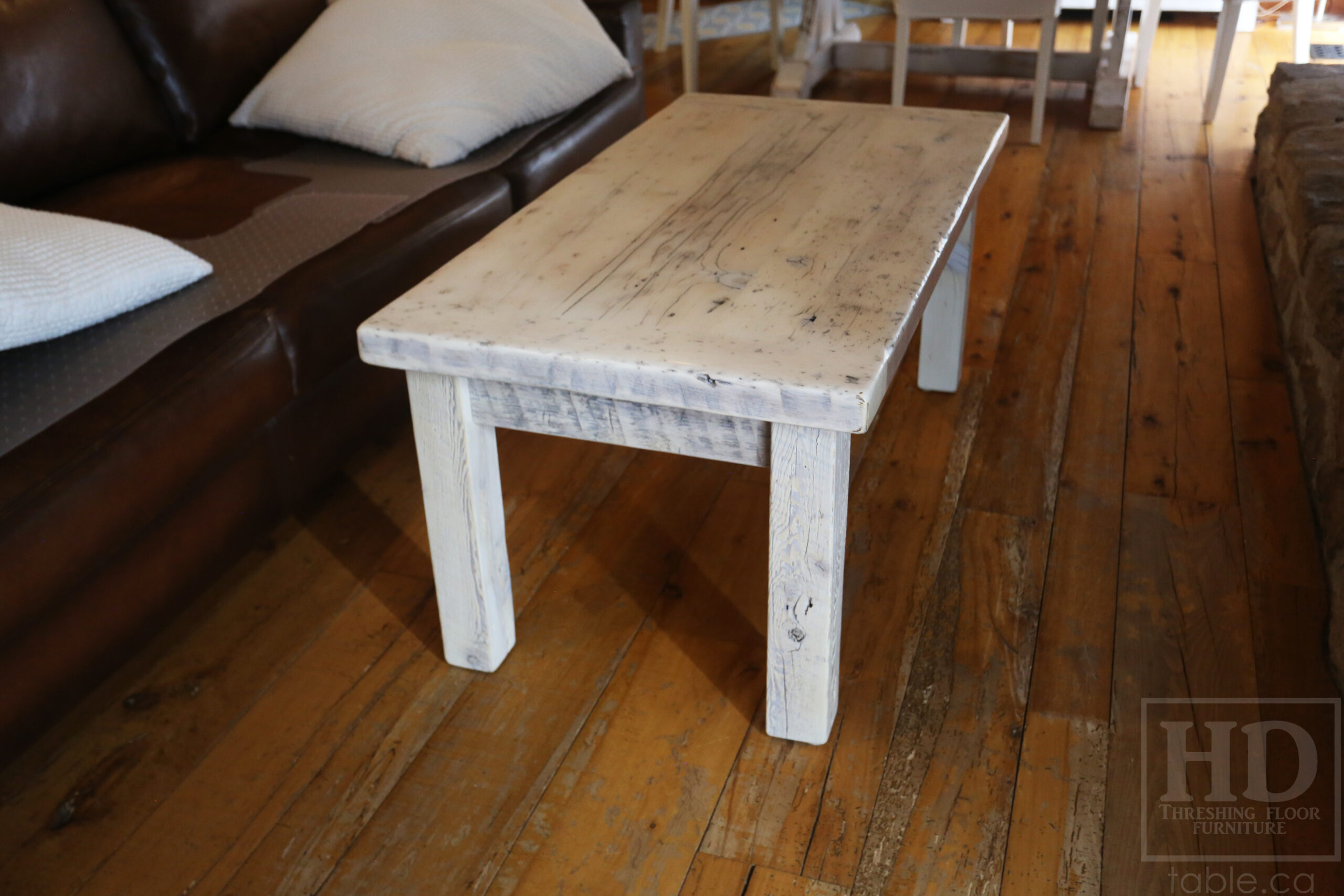 47â€ Ontario Barnwood Coffee Table â€“ 24â€ deep â€“ 20â€ height â€“ Straight 4â€x4â€ Windbrace Beam Legs â€“ Reclaimed Hemlock Threshing Floor & Grainery Board Construction â€“ 24â€ Drawer â€“ Original edges & distressing maintained - Bleached Option - Premium epoxy + satin polyurethane finish â€“ www.table.ca