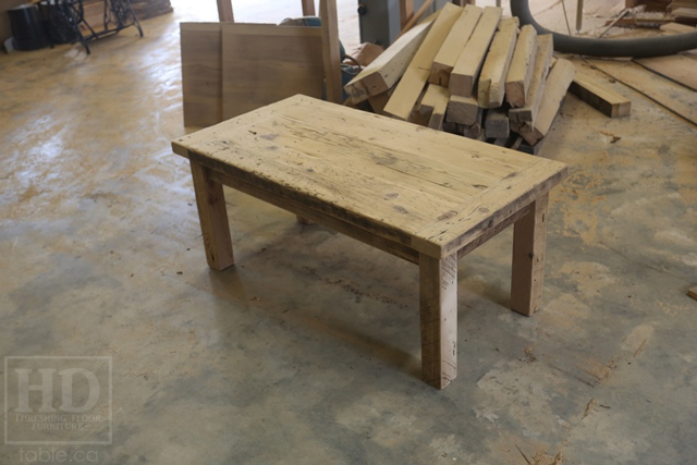 47â€ Ontario Barnwood Coffee Table â€“ 24â€ deep â€“ 20â€ height â€“ Straight 4â€x4â€ Windbrace Beam Legs â€“ Reclaimed Hemlock Threshing Floor & Grainery Board Construction â€“ 24â€ Drawer â€“ Original edges & distressing maintained - Bleached Option - Premium epoxy + satin polyurethane finish â€“ www.table.ca